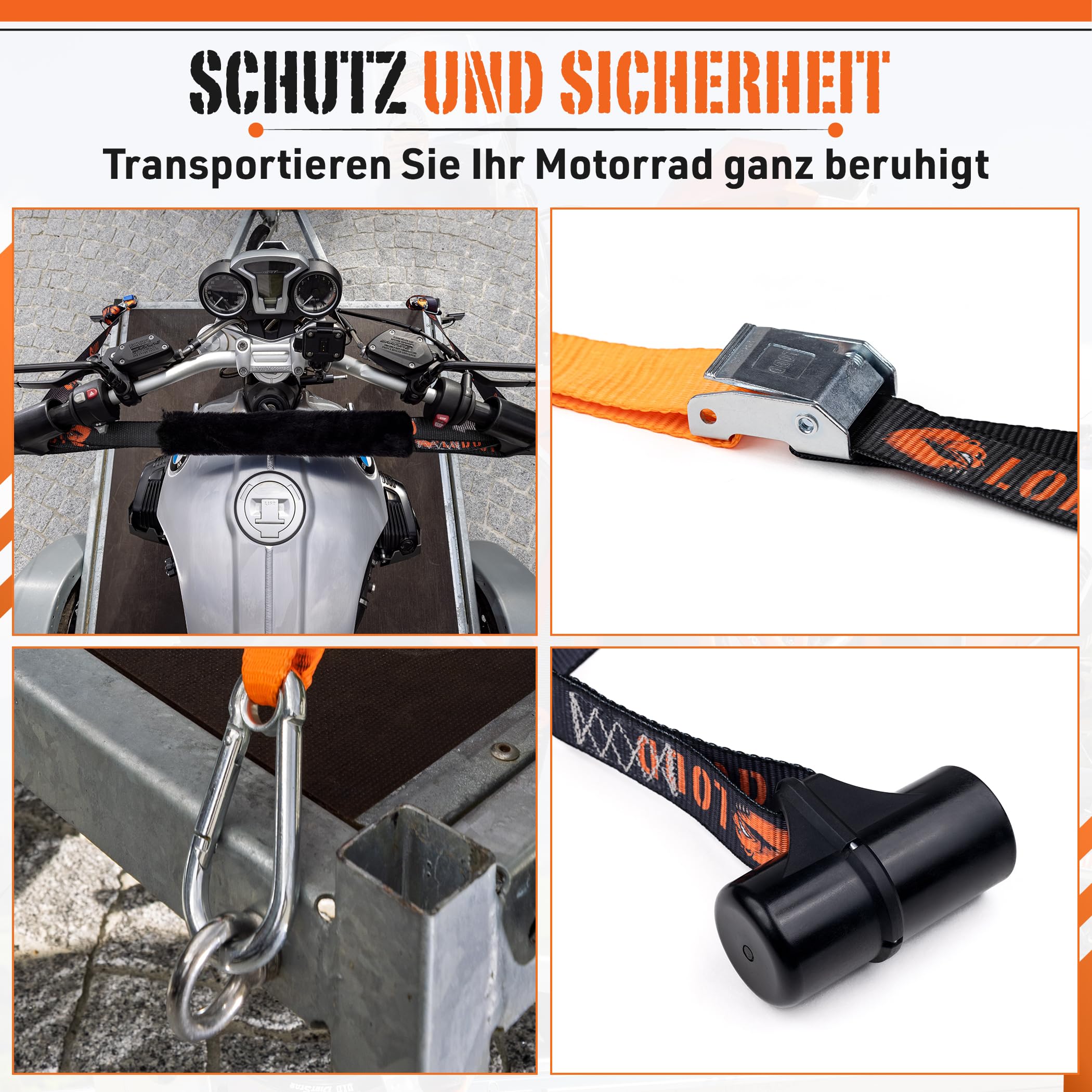 LODD – 2 Gurte für Motorrad, Befestigung am Lenker durch starre Schale (Schnallen/Starre Manschetten)