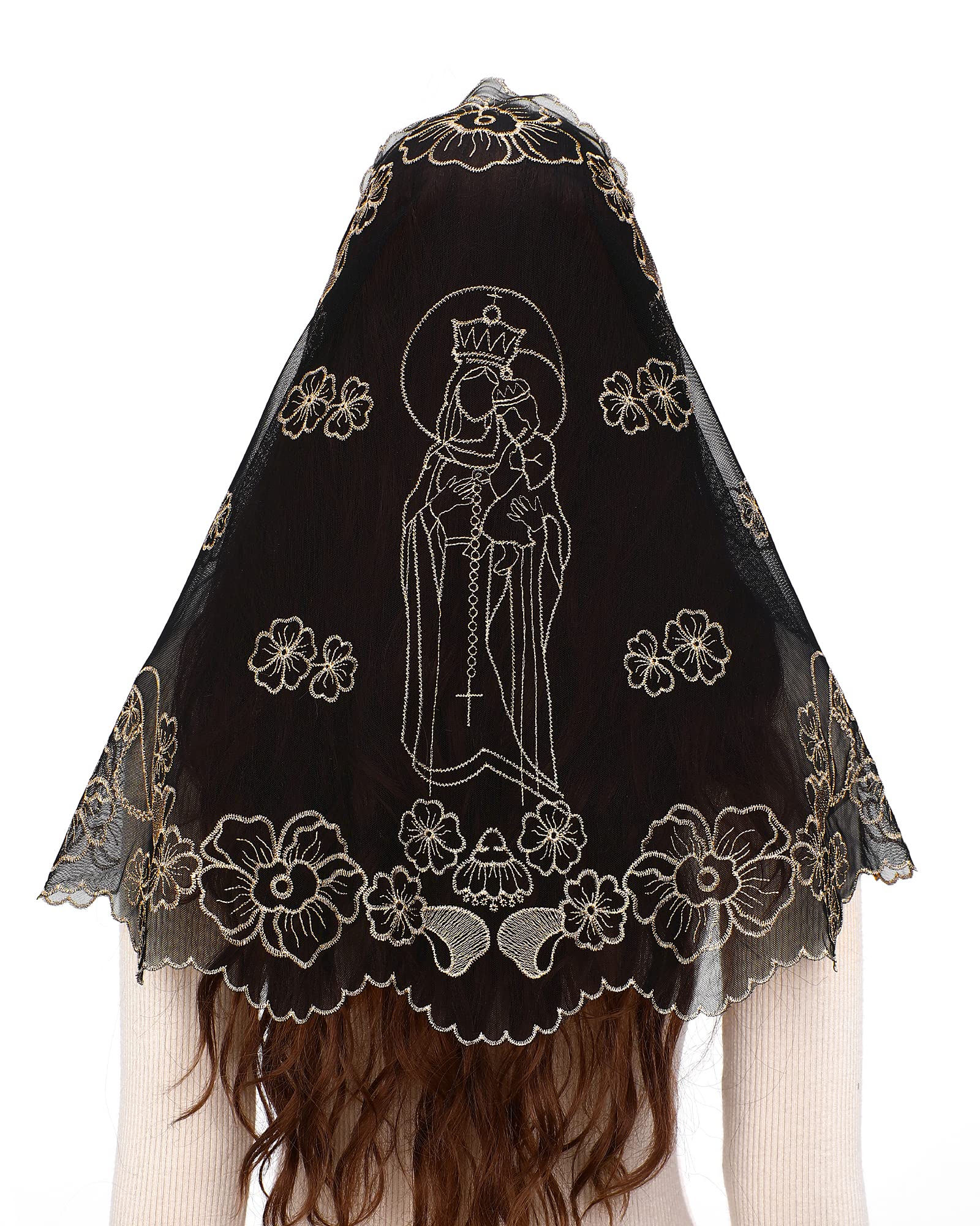Bozidol Church Veil Lace Mantilla - D Shape Virgin Mary Embroidery Head Covering Spanish Catholic Mass Veil for Women