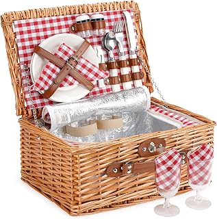 ZORMY Willow Wicker Picnic Basket for 2 with Insulated Compartment, Utensils, Cutlery & Red Check Lining - Handmade Picnic Hamper