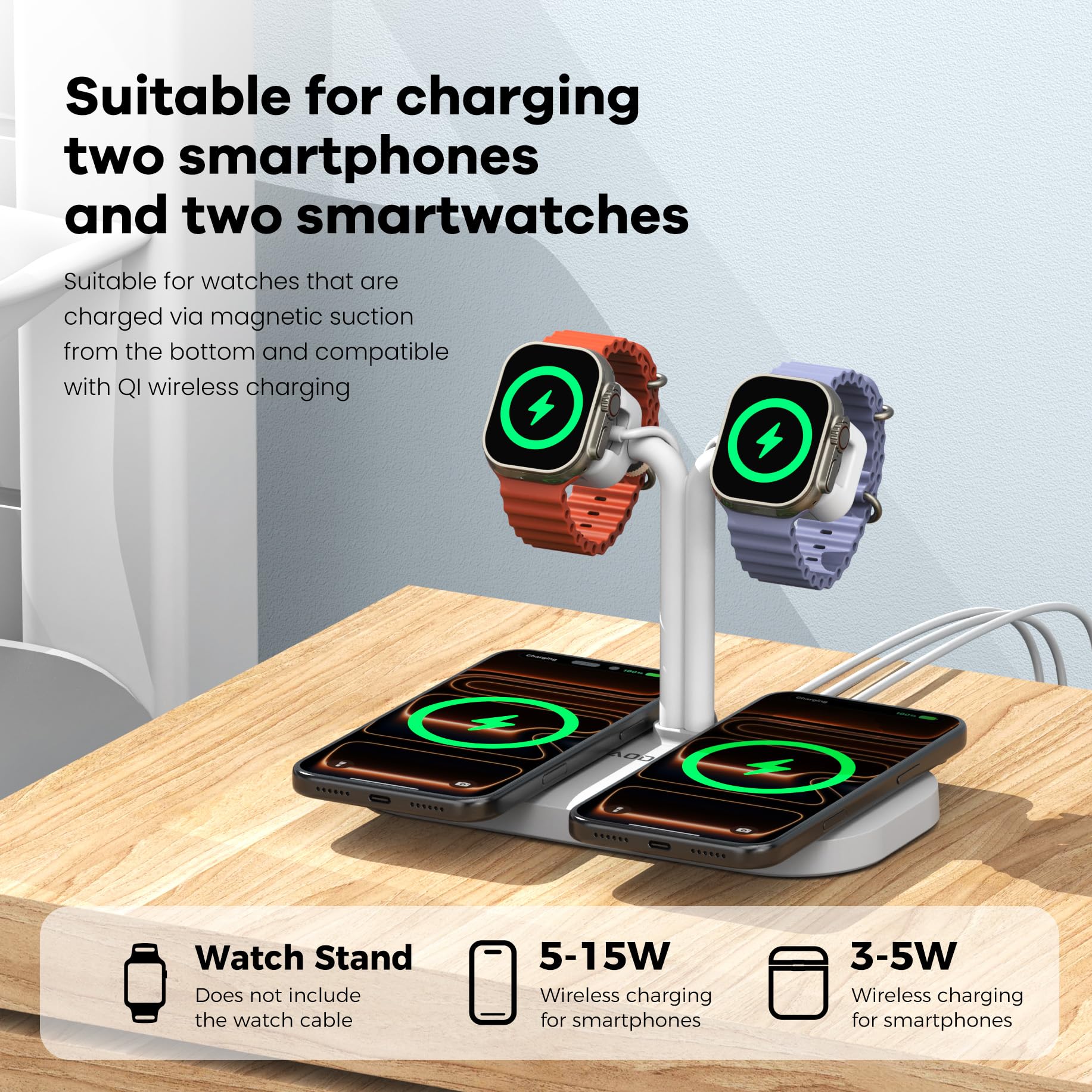 4-in-1 Dual Phone Wireless Charging Dock und Dual Watch Ladegerät Ständer für iPhone 17/16/15/14/12, für AirPods/Buds, für Samsung S25-S21 für iWatch/Galaxy/Pixel/Fitbit (422-W)