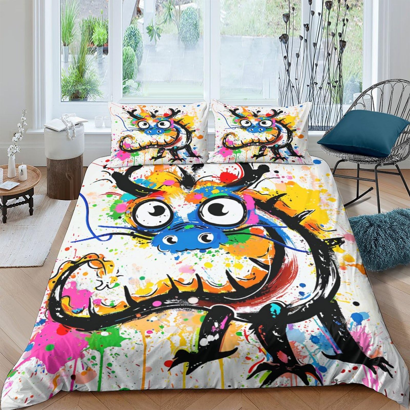 Stampato in 3D Loong cinese Copertina Stampata Microfibra Disegnata Set Di Biancheria Da Letto Con Chiusura A Cerniera Con 2 Federe,Double（200x200cm）, Per Adolescenti E Adulti