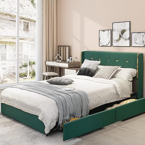 KOTEK Base de cama tapizada de tamaño matrimonial con 4 cajones, base de cama de plataforma con cabecera copetuda con botones y soporte de listones