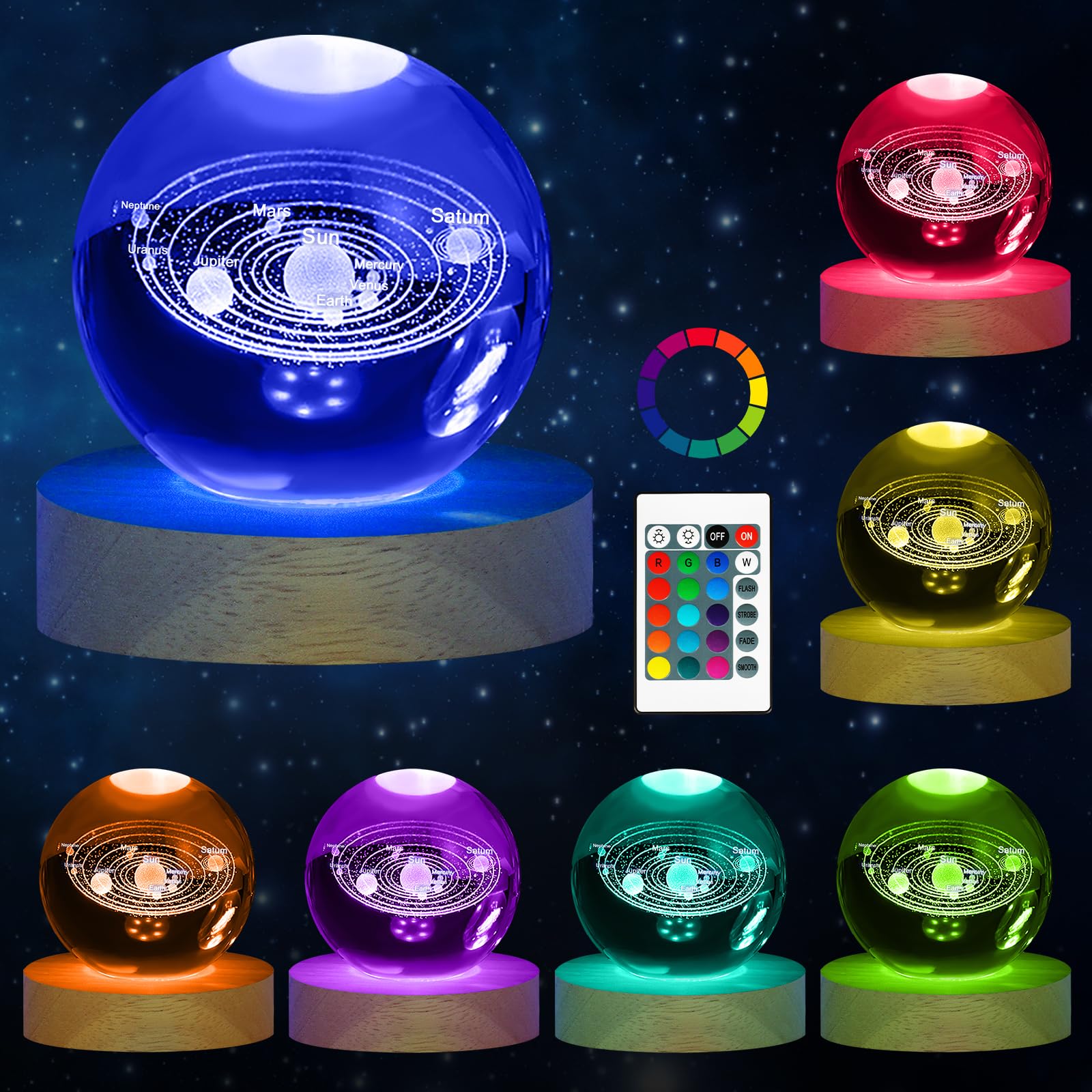HOTUT 3D Solar System Crystal Ball with 16 Colors, Wooden Base, Remote Control, LED Night Light