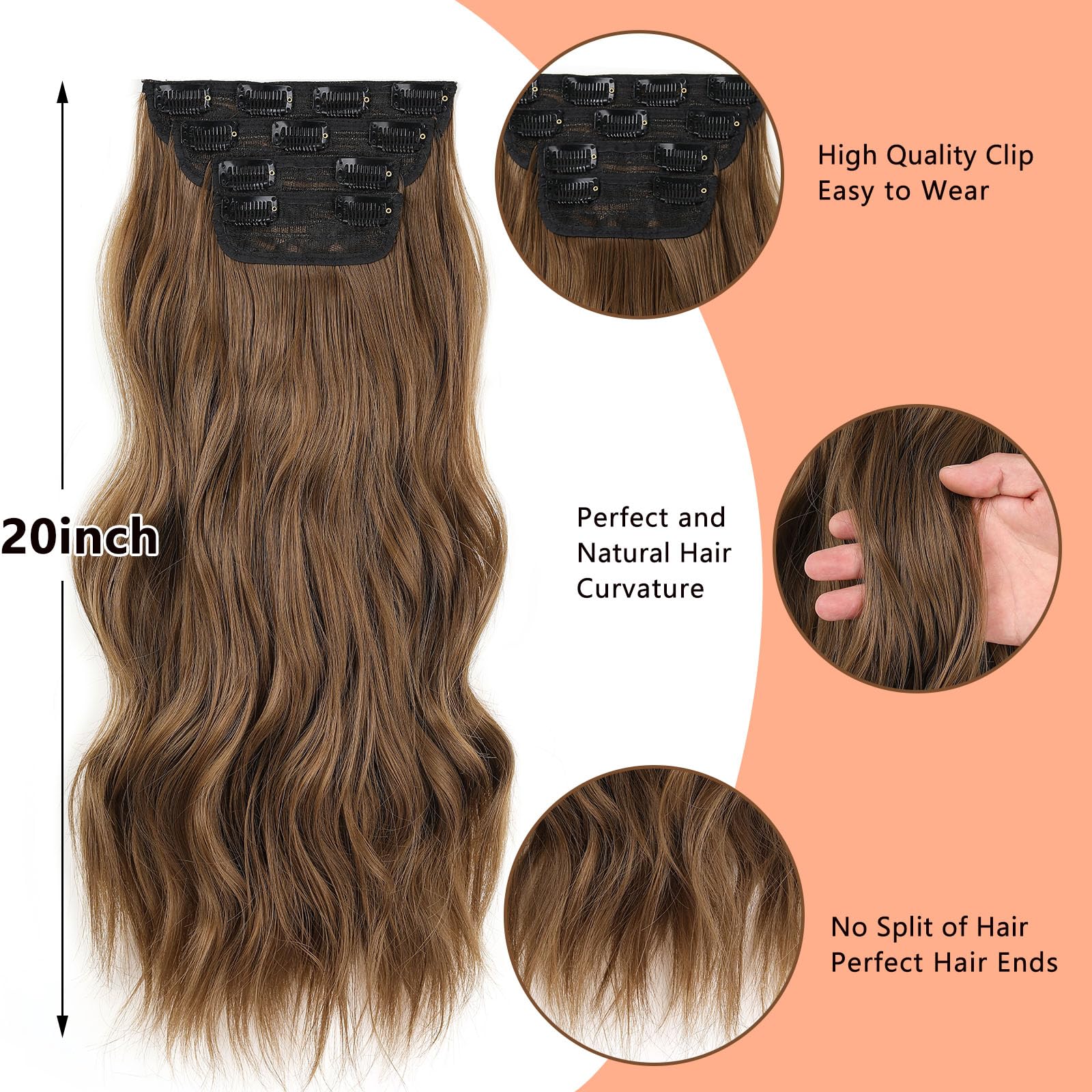 Mscat 20 Inch Long Wavy Clip-in Hair Extensions - Dark Brown Synthetic Hair Pieces, 4PCS Full Head Set, Thick Curly - Image 3