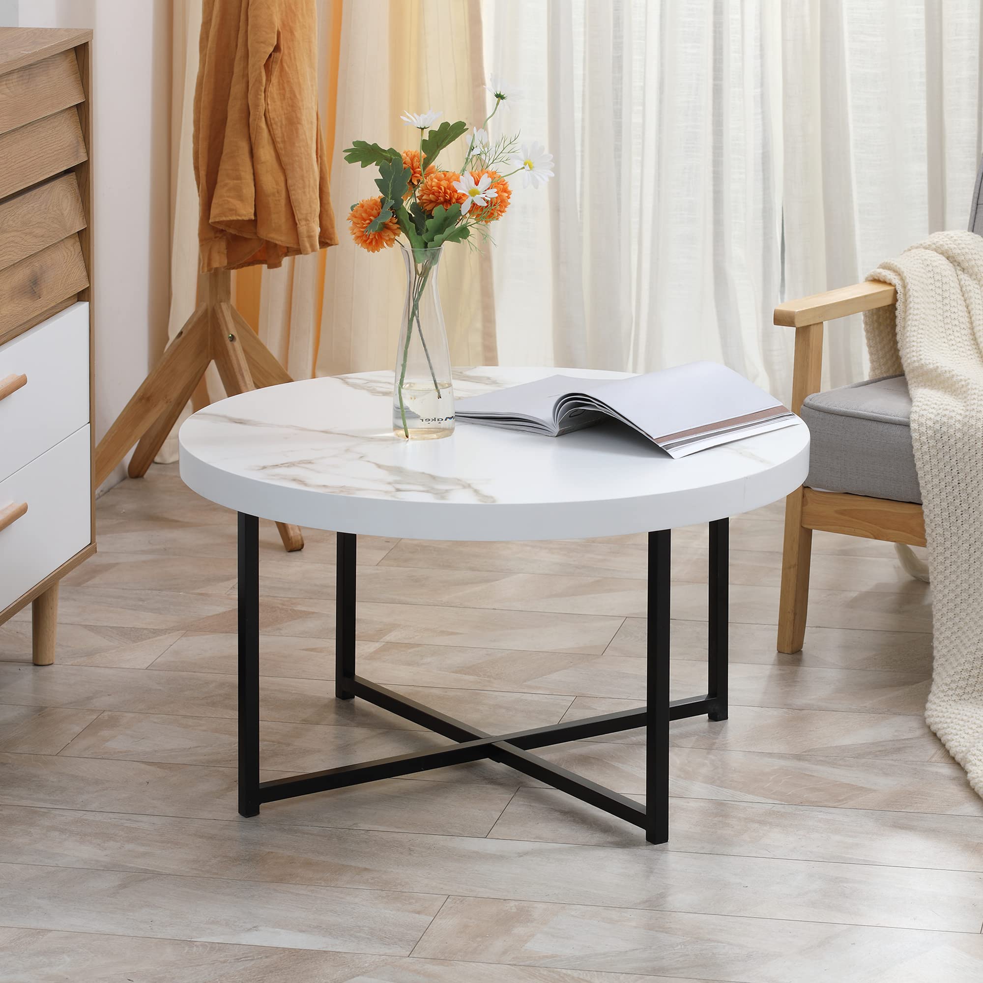 HOMCOM Mesa de Centro Redondo Encimera Símil Mármol 80x80x45 cm Blanco | Mesa de Salón, Marco de Metal, para Oficina Dormitorio Comedor, Estilo Moderno