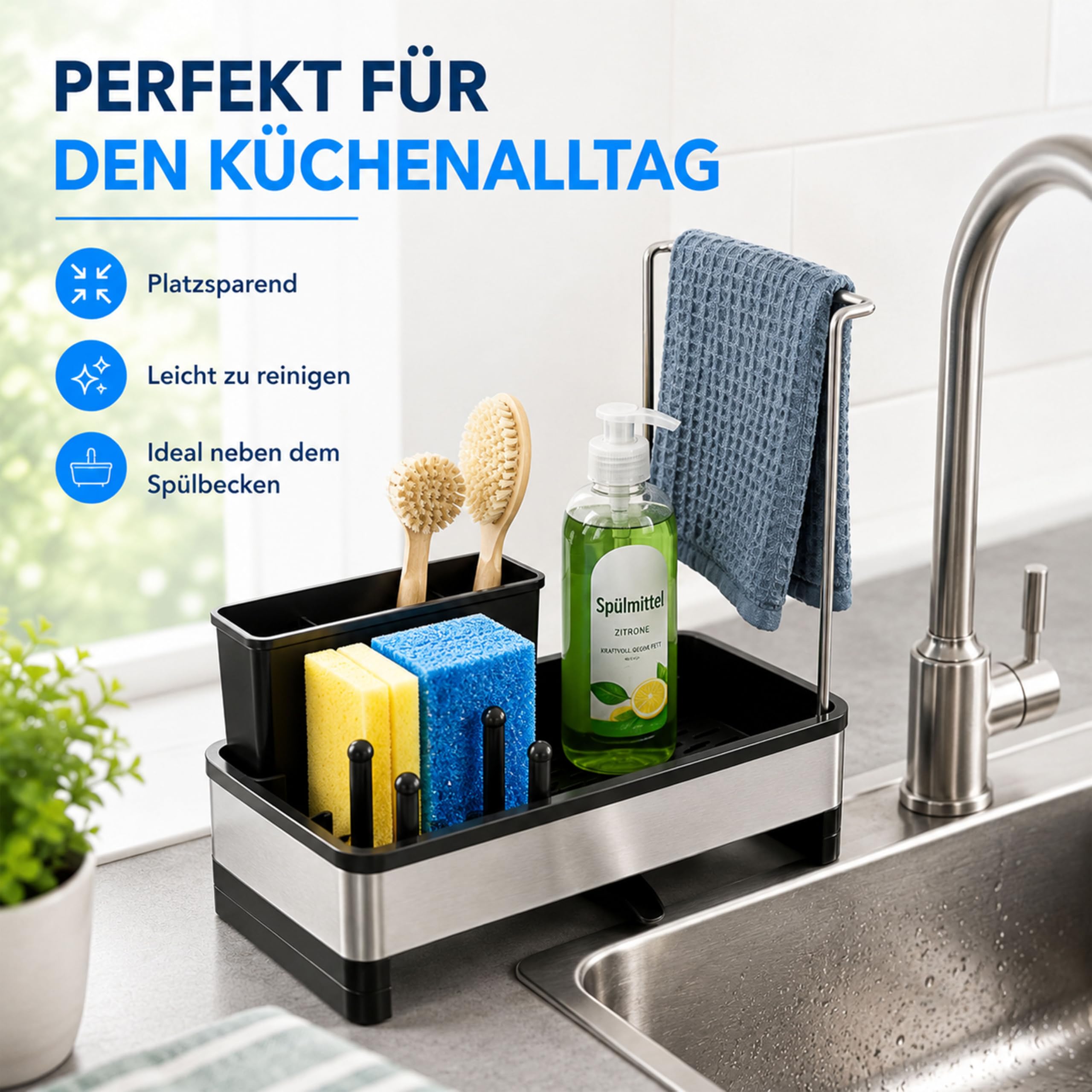 URMONA Spülbecken-Organizer Edelstahl mit Ablaufwanne und Spültuchhalter | Schwammhalter Küche, Spülmittelhalter und Bürstenablage, Küchenutensilien Aufbewahrung, Ordnung für die Arbeitsplatte, Grau