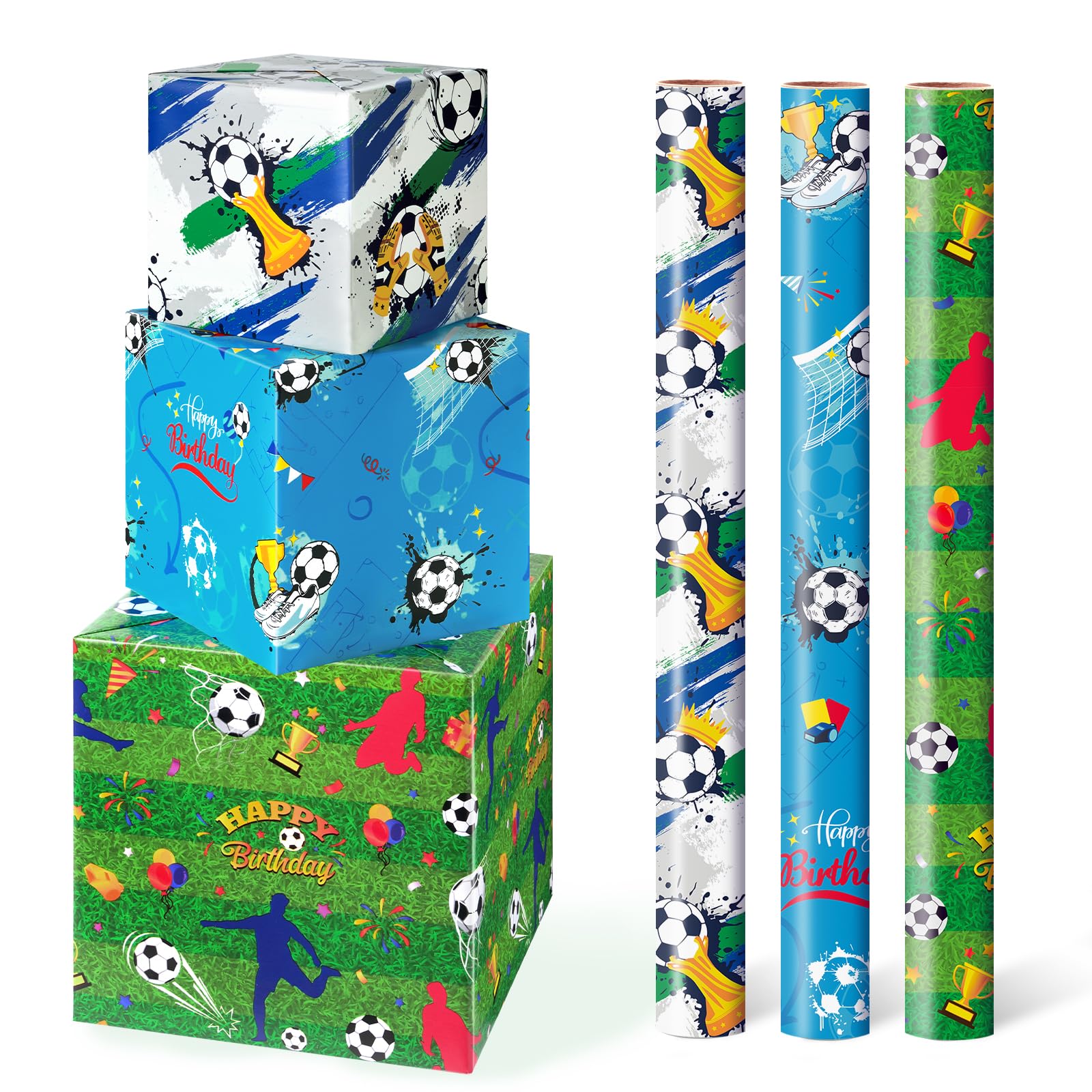 Soccer Themed Wrapping Paper - Green Background With Soccer Balls & Lightning Bolts, 4 Sheets 28x40 Inches