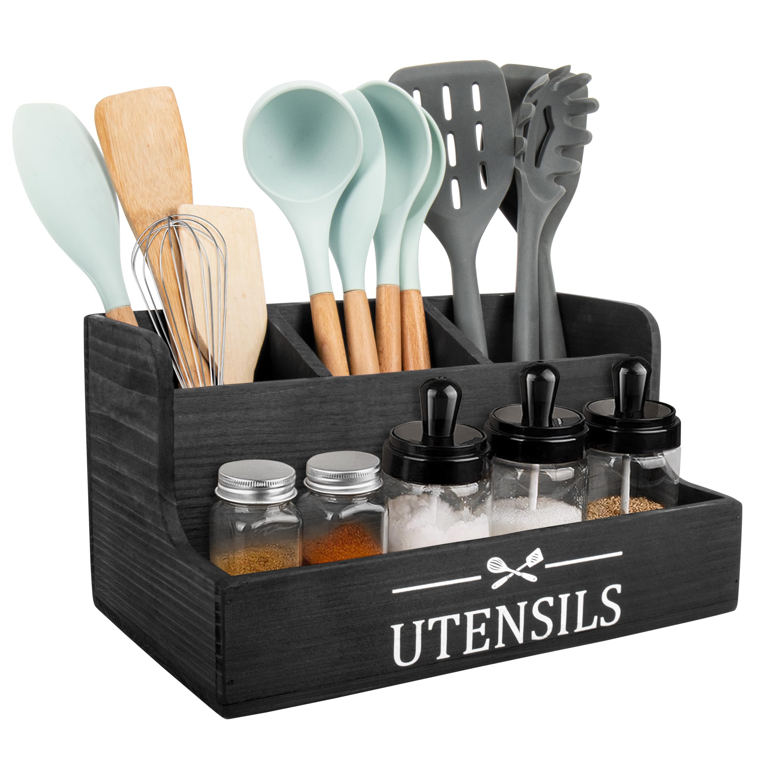 redcall extra large kitchen utensils holder 4 compartmentswood utensil organizer for kitchen countertopfarmhouse cooking utensil holder with spice storage space black