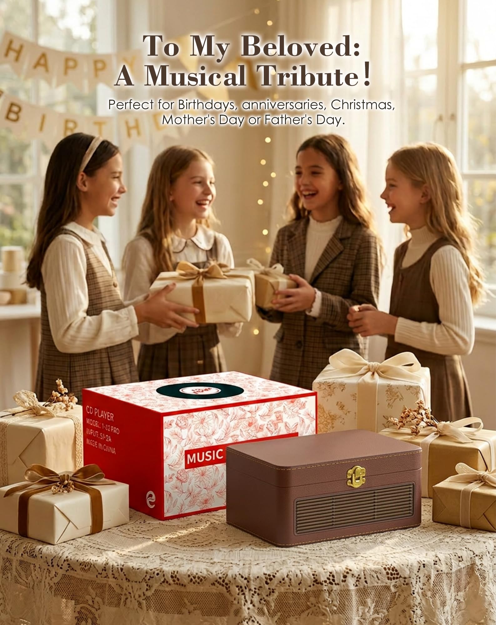 Reproductor de CD portátil con Bluetooth, Radio Retro PU Marrón