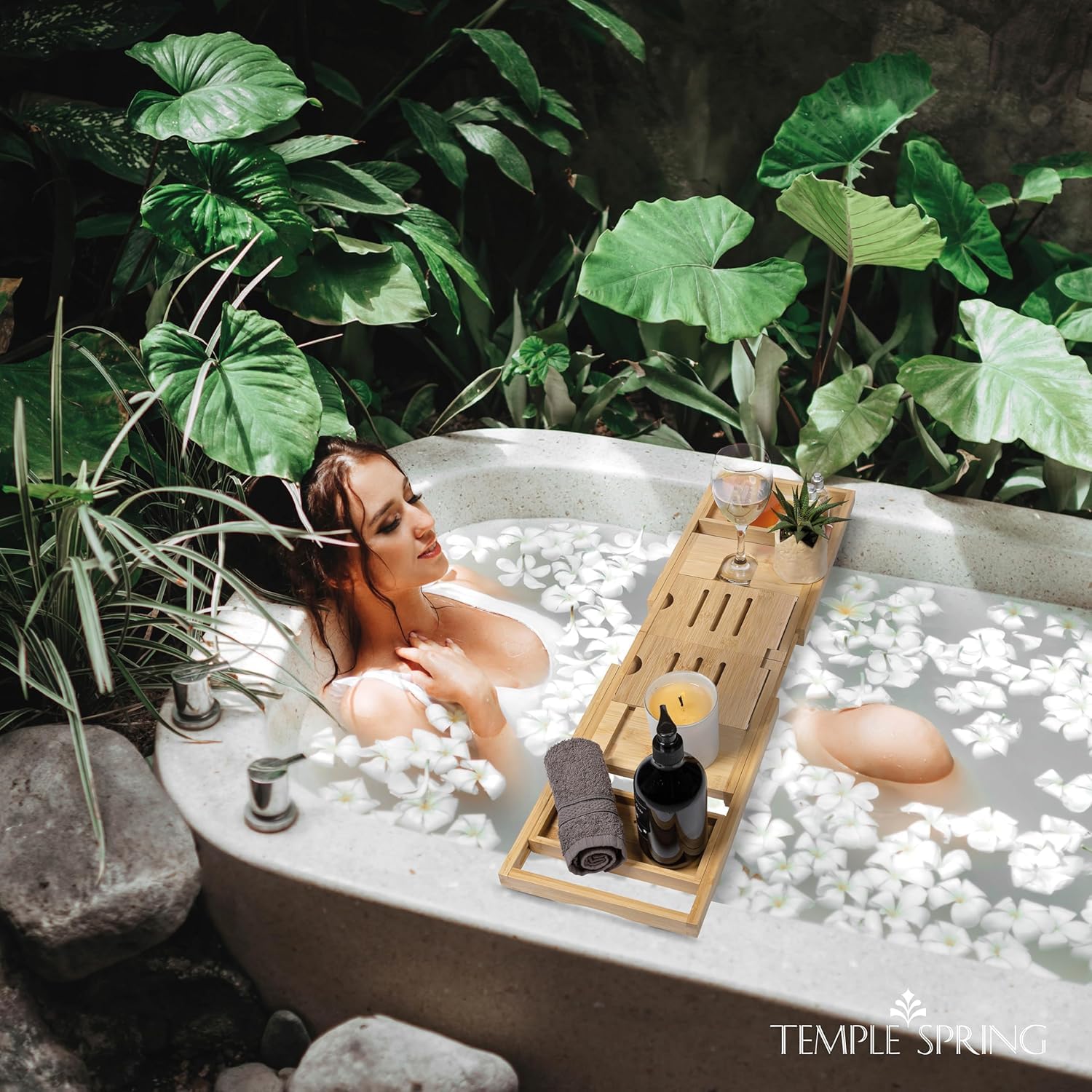 Temple Spring Vassoio da Bagno Pieghevole, Mensola in Legno Estensibile per Vasca, Tavola Spa per Adulti, Caddy da Vasca, Set Accessori Bagno in Bambù – Naturale