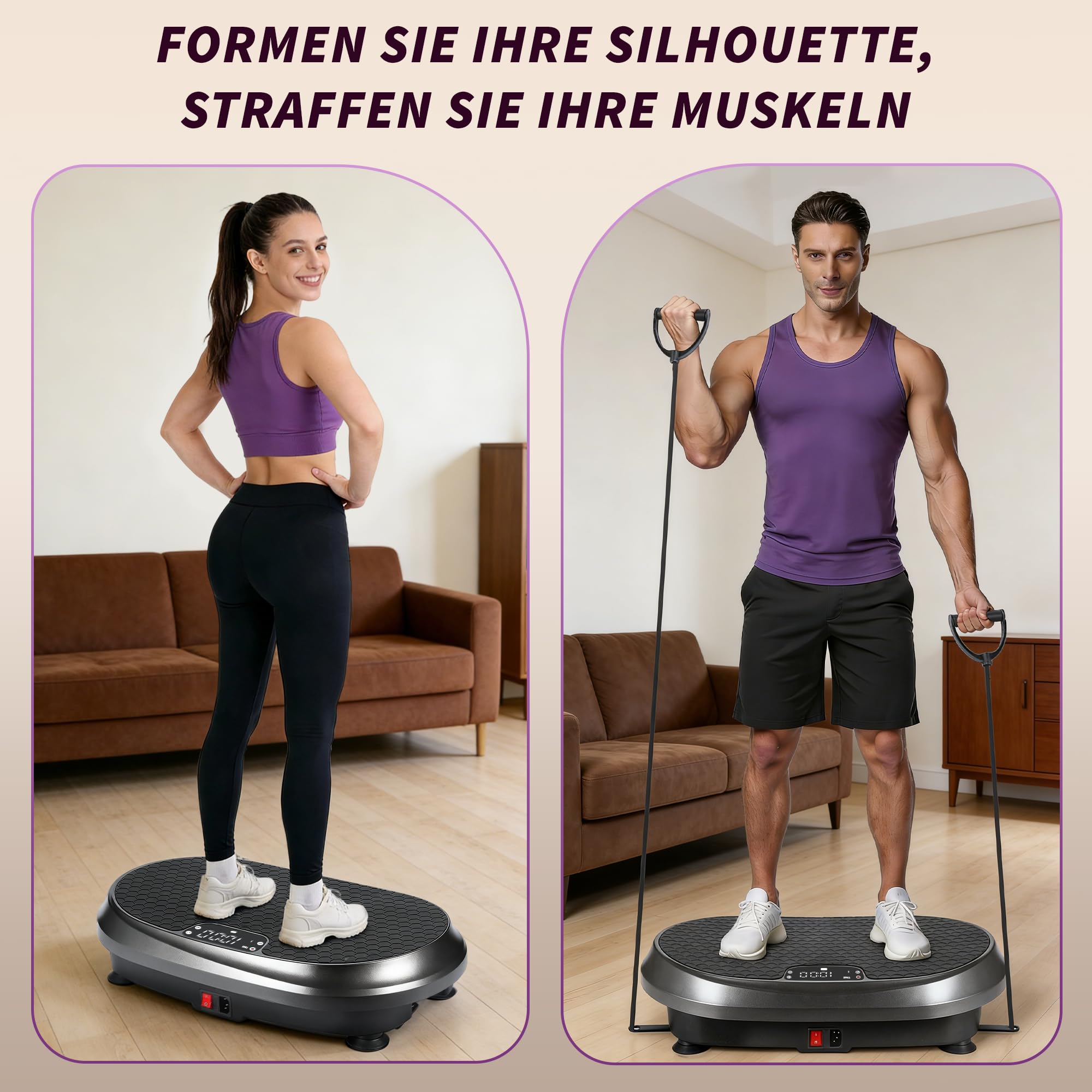 Vibrationsplatte - Vibration Plate Rüttelplatte Sport für Zuhause | Hohe Stabilität Rutschfeste Fußpads Leiser Betrieb Fernbedienung Widerstandsbänder 9 automatische Programme LED-Anzeige