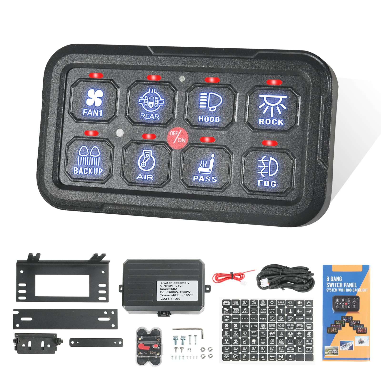 8 Gang Switch Panel, Universal Circuit Control Relay System with Fuse Wiring Harness and Automatic Dimmable ON-Off LED Switch Pod for Pickup Truck Car Boat ATV UTV