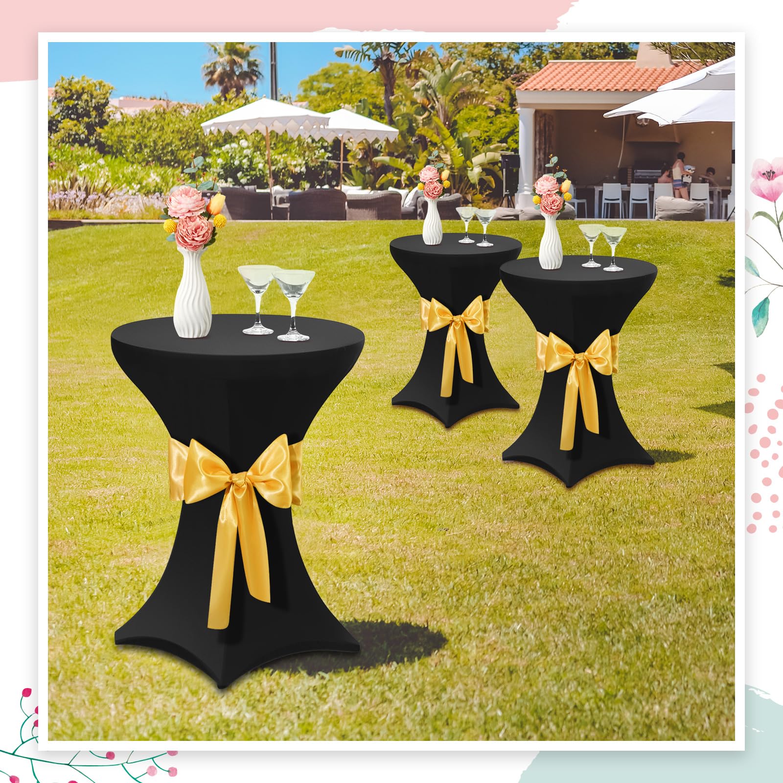 VitalCozy 6 manteles de elastano para mesa de cóctel de 81 x 109 cm con 6 bandas, ajustables, elásticos, manteles de cóctel de parte superior alta, decoración para bodas, cumpleaños, banquetes,