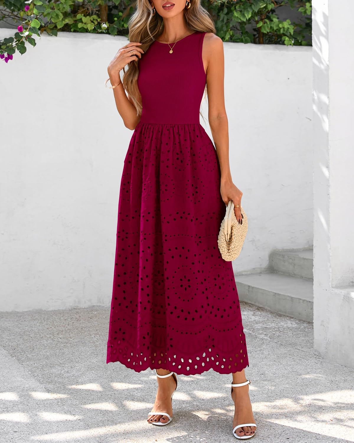 dowerme Women Summer Dresses 2026 Casual Sleeveless Crewneck A-Line Boho Lace Eyelet Cotton Tank Maxi Dress with Pockets - Image 6