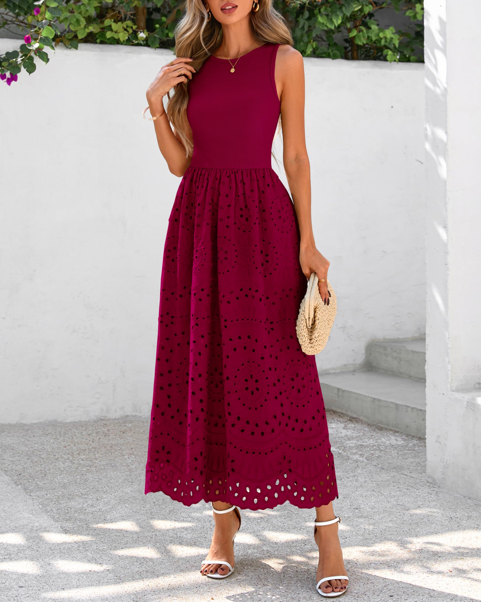 dowerme Abiti estivi da donna 2025 casual senza maniche girocollo A-Line Boho pizzo occhiello cotone canotta maxi abito con tasche