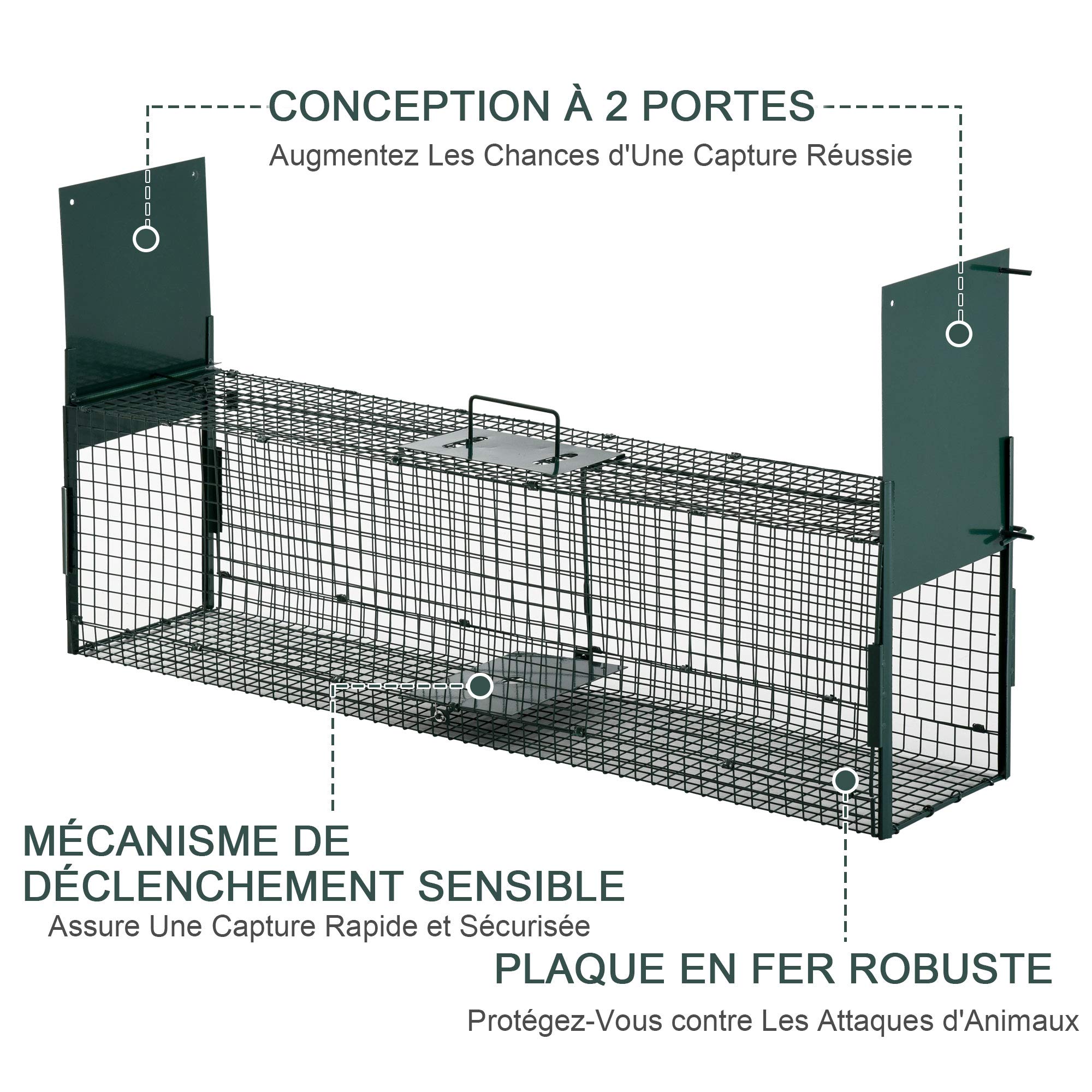 Pawhut Piège Capture Petits Animaux Lapin Rat 2 Entrées Poignée 100x25x28 cm Métal Vert