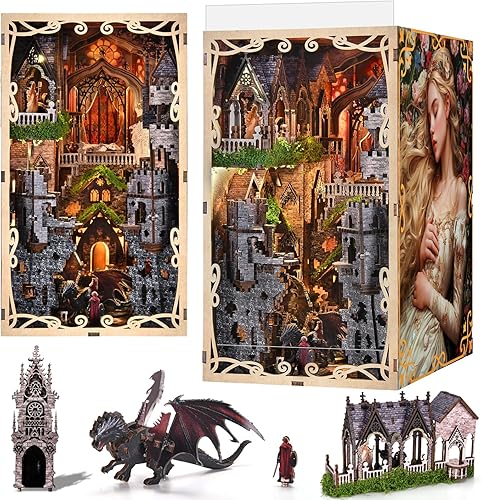 Miniatura 8 de MiniCity Kit de rincón de libros, kit de bricolaje en miniatura para casa de muñecas, rompecabezas de madera 3D, decoración con luz LED para