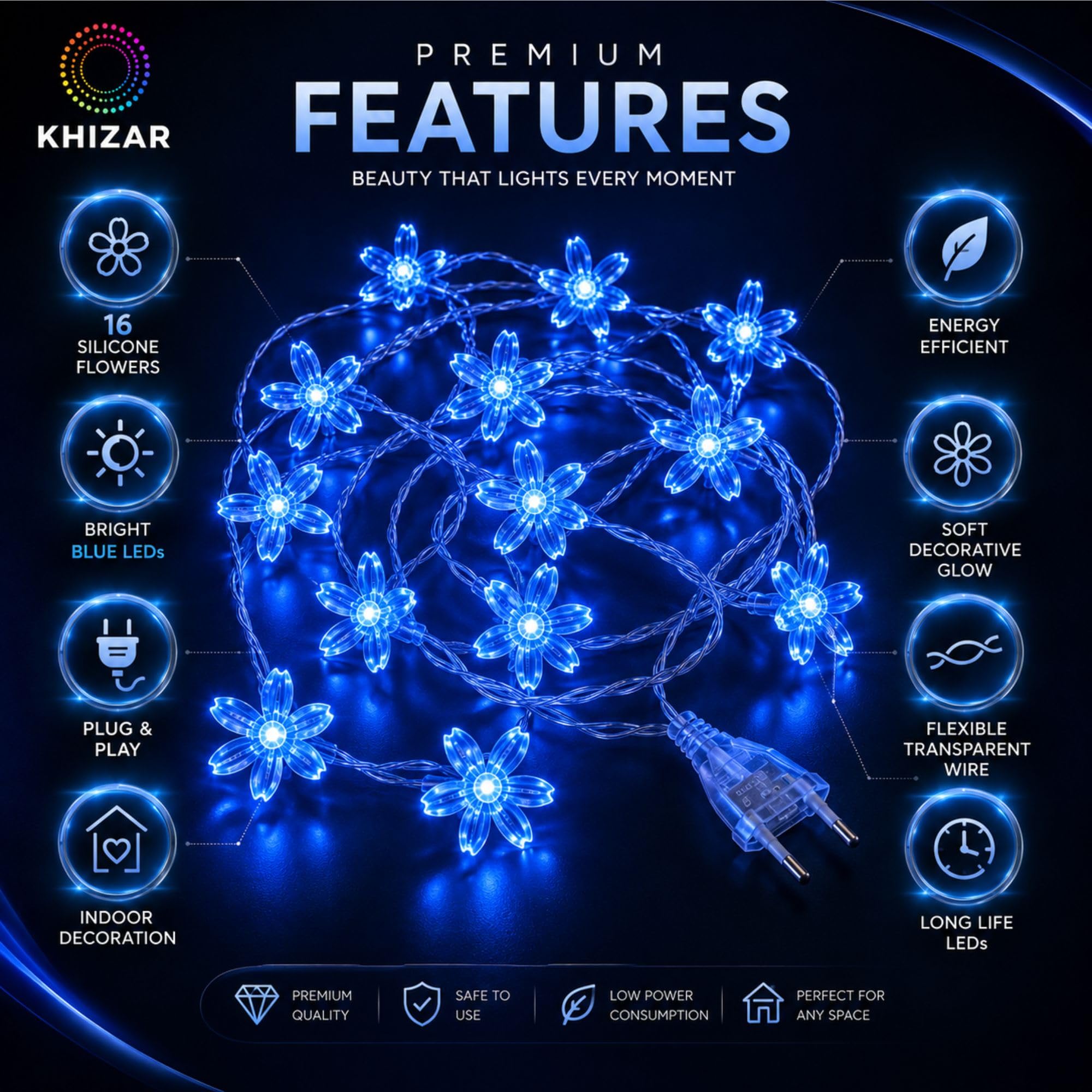 KHIZAR 16 LED Blue Silicone Flower String Lights Plug-in Decorative Fairy Lights for Bedroom, Home, Wall, Window, Christmas Tree, Diwali, Wedding, Party, Balcony, Indoor Decor, Flexible Wire 1