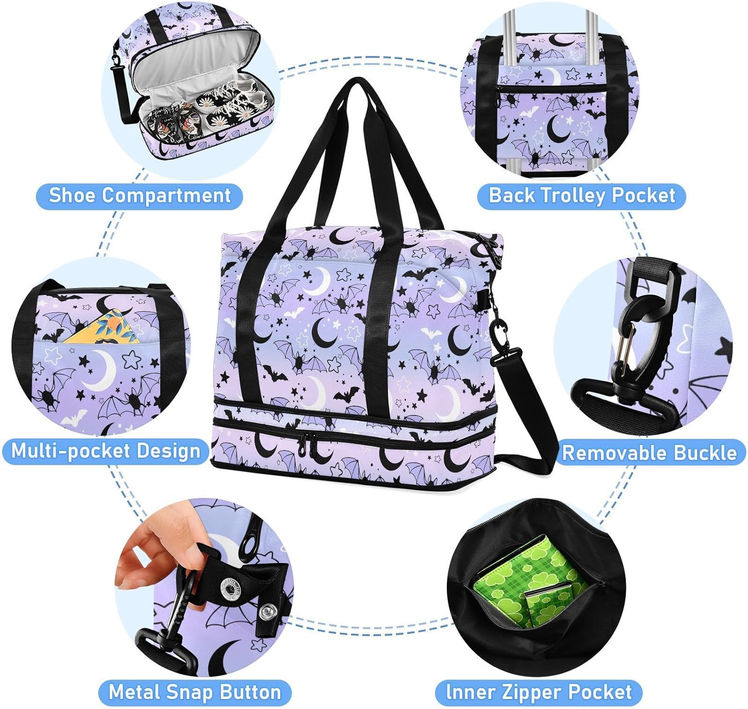 Travel Duffel Tote Bag Bat Starry Sky Sports Duffel Bag with Wet Pocket Weekender Overnight Bag for Women Men Gym Bag, Carry On Bag Hospital Bag for Labor and Delivery