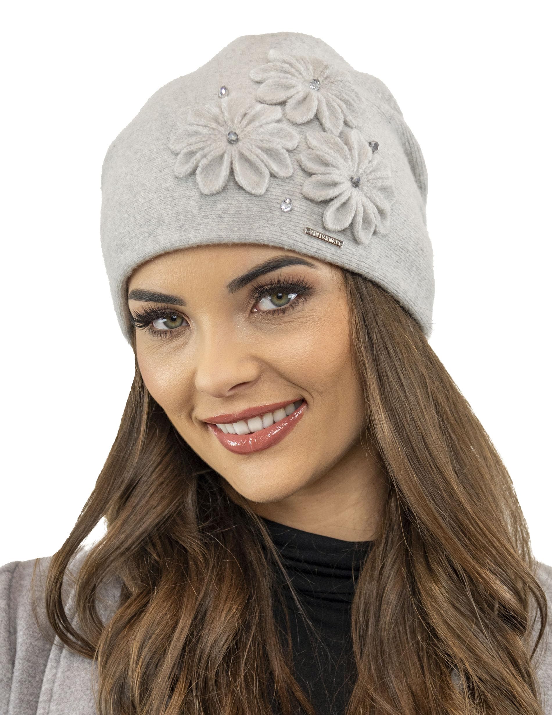 VIVISENCE Bonnet Femme Automne Hiver en Laine Élégant Et À La Mode Protection Contre Le Froid Applications Florales Ajustement Parfait Idéal Et comme Idée Cadeau 7053, Gris Clair,Taille Unique