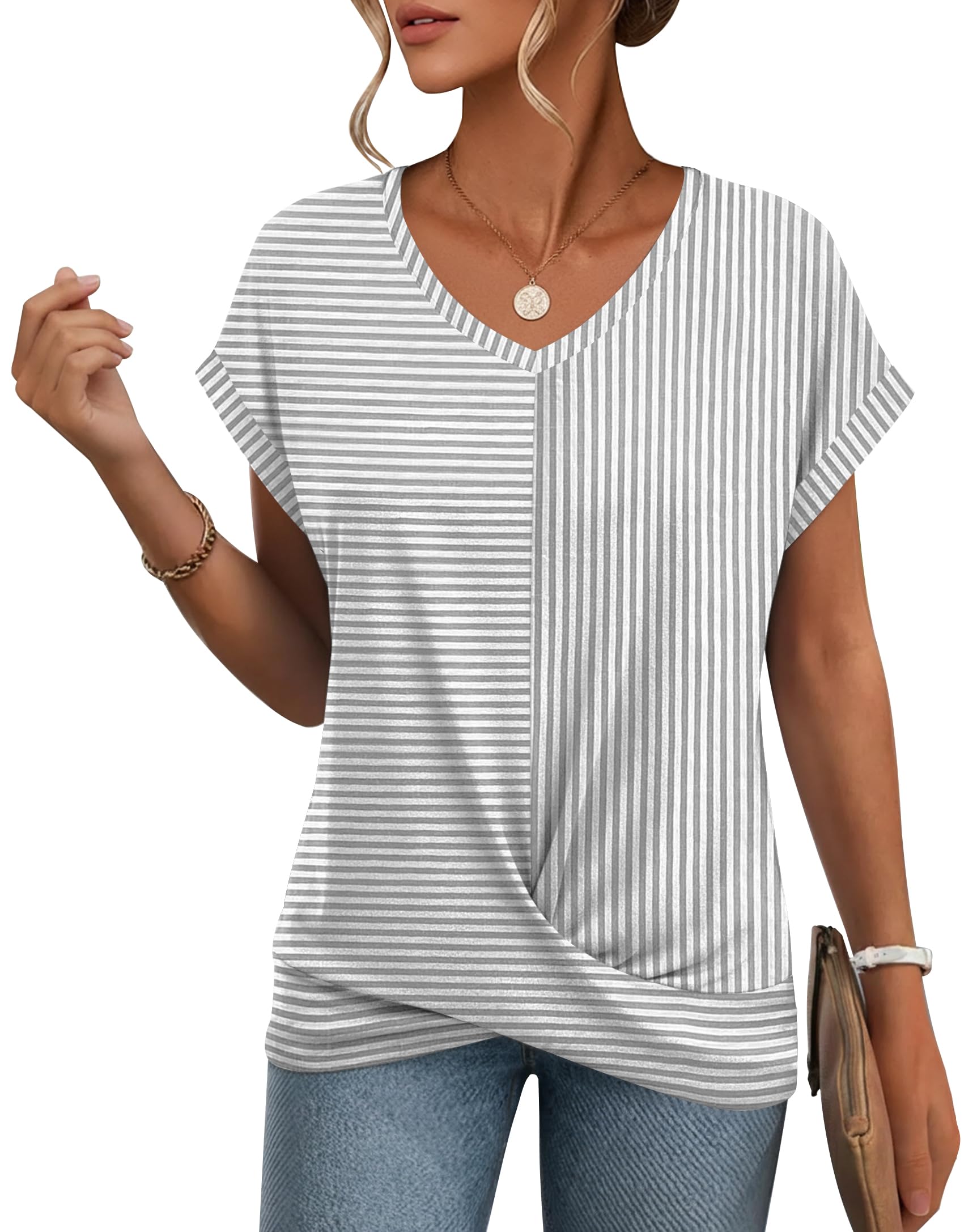 Summer Tops for Women Front Twist T Shirts V-neckline Tunic Top Dressy Casual Blouse Tees