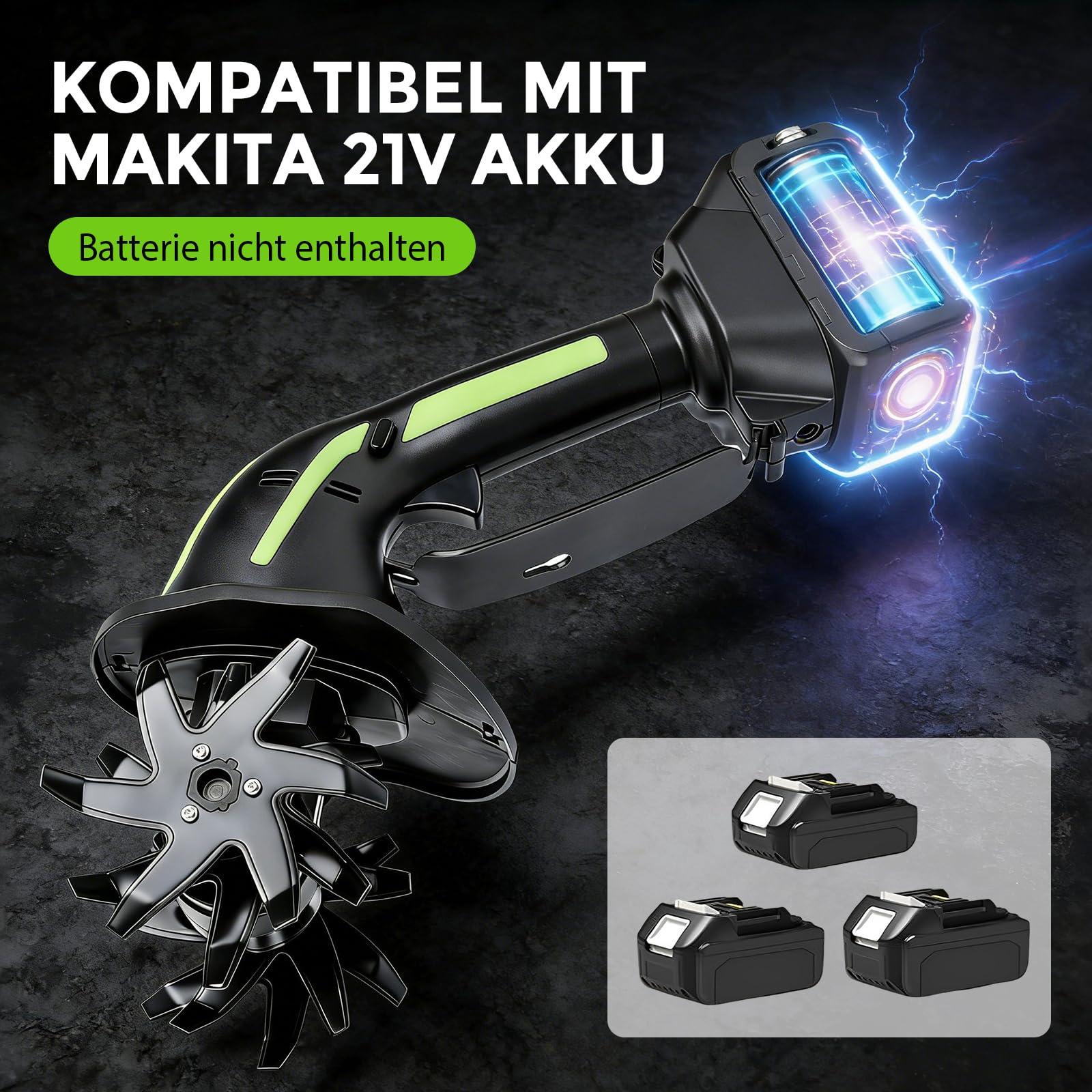 Akku-Bodenhacke kompatibel mit Makita Akku 21V, 2 in 1 Elektro-Bodenhacke für Garten und Rasen mit 10 cm Arbeitstiefe, 10cm Arbeitsbreite (Batterie Nicht enthalten)