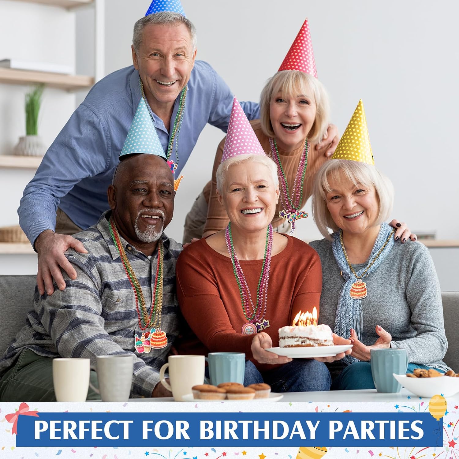 Ecally 48 Pcs Colorful Happy Birthday Beads Necklaces Bulk 33 Inch Cupcake Balloon Beaded Necklaces for Birthday Party Favors - Image 6