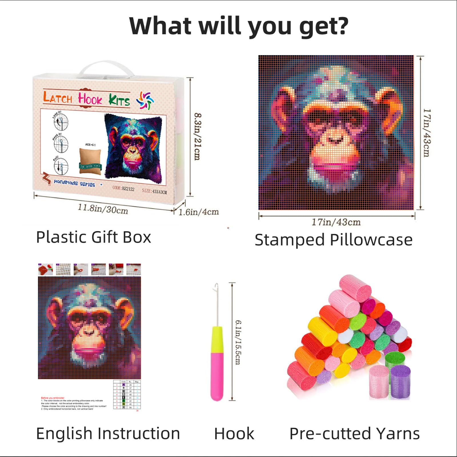 Portrait of Monkey DIY Latch Hook Pillow Kits for Adults Printed Pillowcase Crochet Yarns Hooking Handmade Pillow Cover Cushion for Home Sofa Decoration 17x17inch