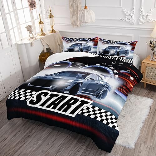 Miniatura 3 de Datura home Juego de ropa de cama de edredón de automóvil de carreras para niños y adolescentes, estampado 3D a cuadros negros y blancos con patrón