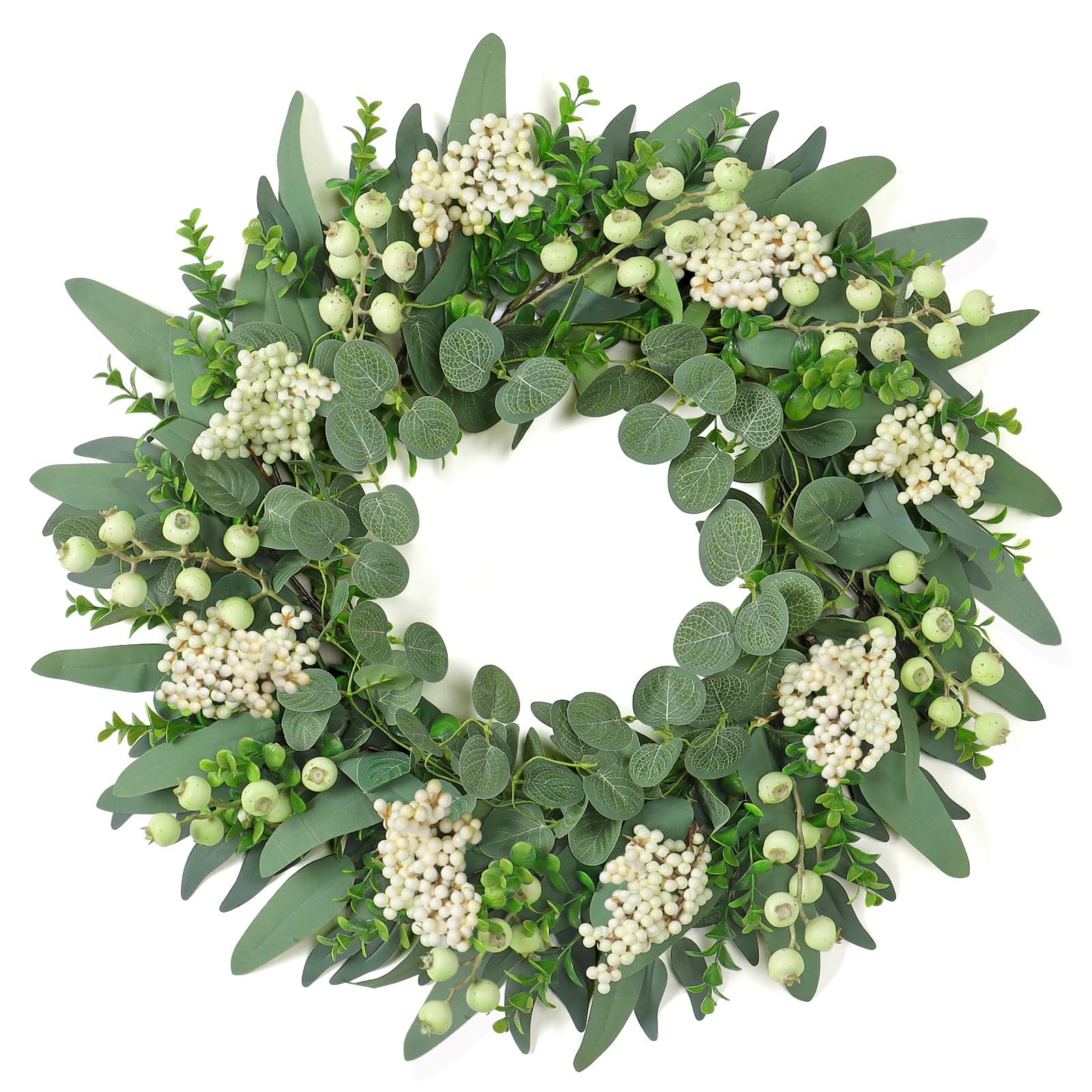 WeldomcorGreen Eucalyptus Wreath for Front Door, 20 Inch Artificial Eucalyptus Leaves Wreath with Big Berries Boxwood Spring Summer Greenery Wreath Decor for Wall Window Festival Farmhouse Garden