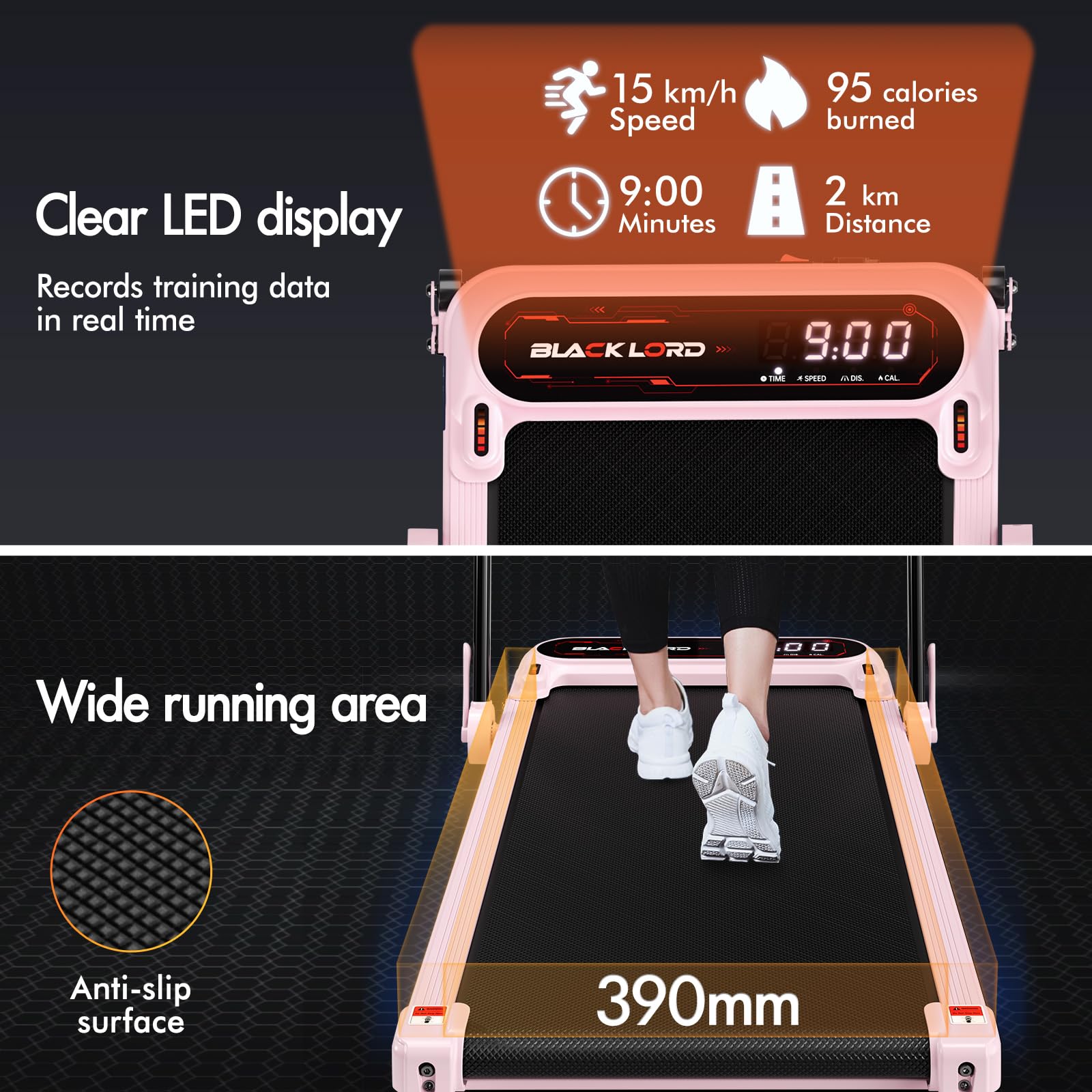 Dempingssysteem Wandelen X7-H | Compacte Kantoorband Tot 15 Km/u | 390 Mm Loopvlak | Schokdemping, App & Afstandsbediening BLACK LORD Loopband