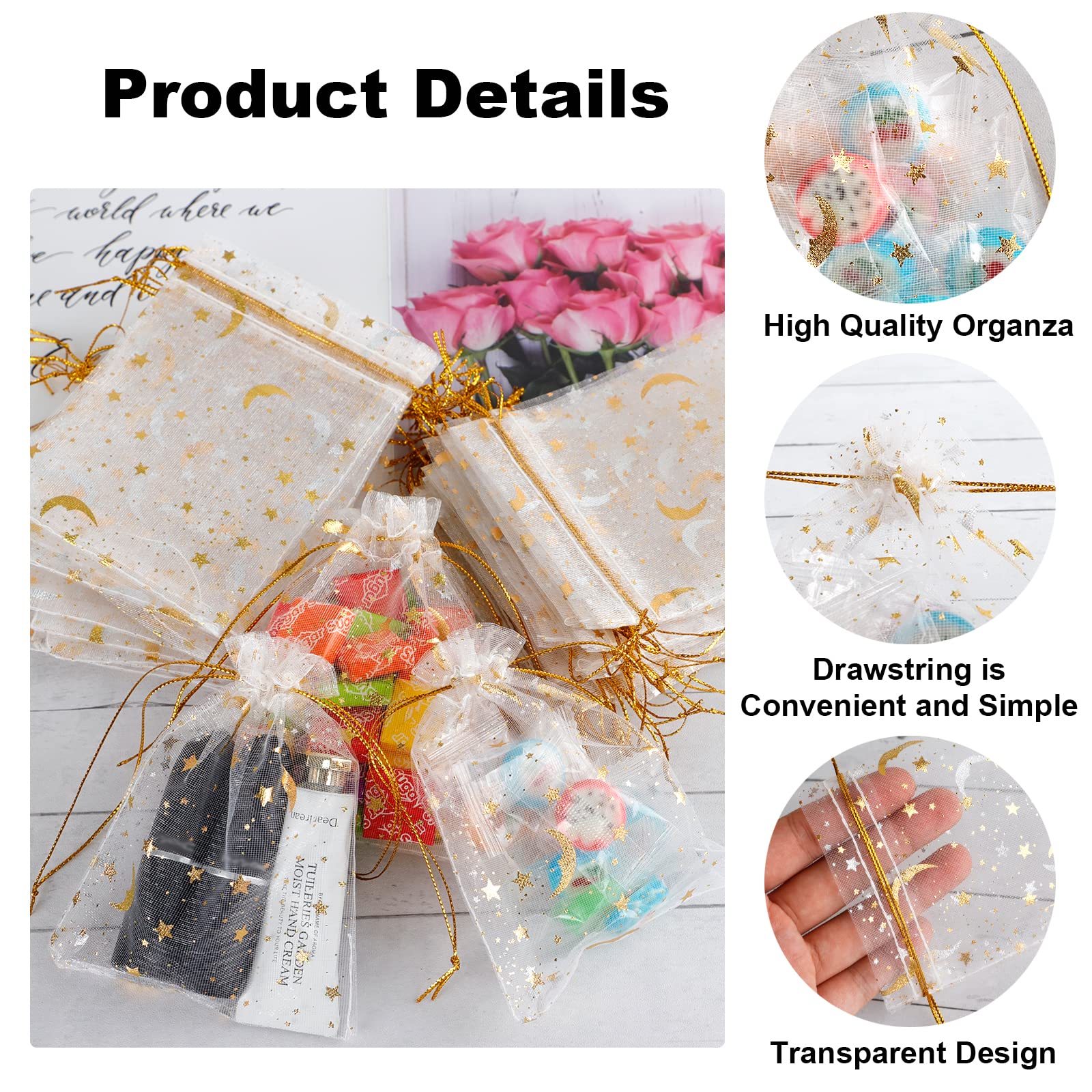 200 Sacchetti Organza 7x9 Cm Con Coulisse - Bianchi, Per Confetti, Matrimoni, Regali, + 4 Rotoli Nastro