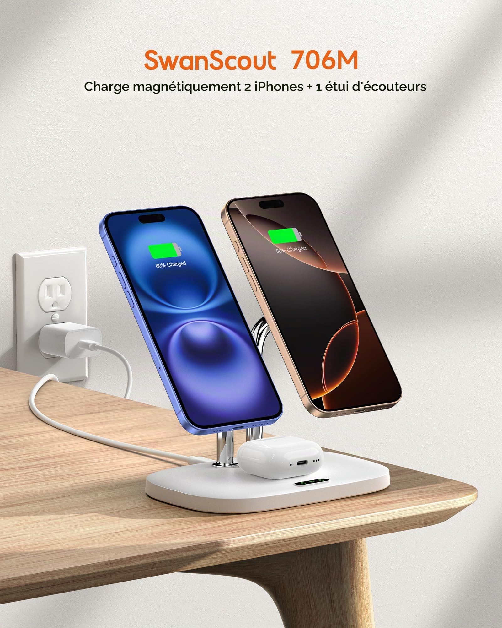 SwanScout Double Chargeur Induction pour iPhone 17/17e/Air, SwanScout 706M, Magnétique Chargeur Sans Fil pour iPhone 16/15/14/13 séries, Station de Charge pour AirPods Pro 3/2, Chargeur Double (White)