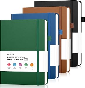 Bullet Dotted Journal Notebook 4 Pack: 160 Pages Per Pack, A5 Medium Size(5.75" × 8.38"), 120 GSM Thick Paper, Leather Dotted Notebook, Hardcover Dot Grid Notebook, Dot Journal for Wrting, Gift