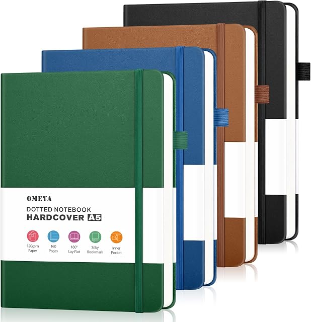 Bullet Dotted Journal Notebook 4 Pack: 160 Pages Per Pack, A5 Medium Size(5.75" × 8.38"), 120 GSM Thick Paper, Leather Dotted Notebook, Hardcover Dot Grid Notebook, Dot Journal for Wrting, Gift