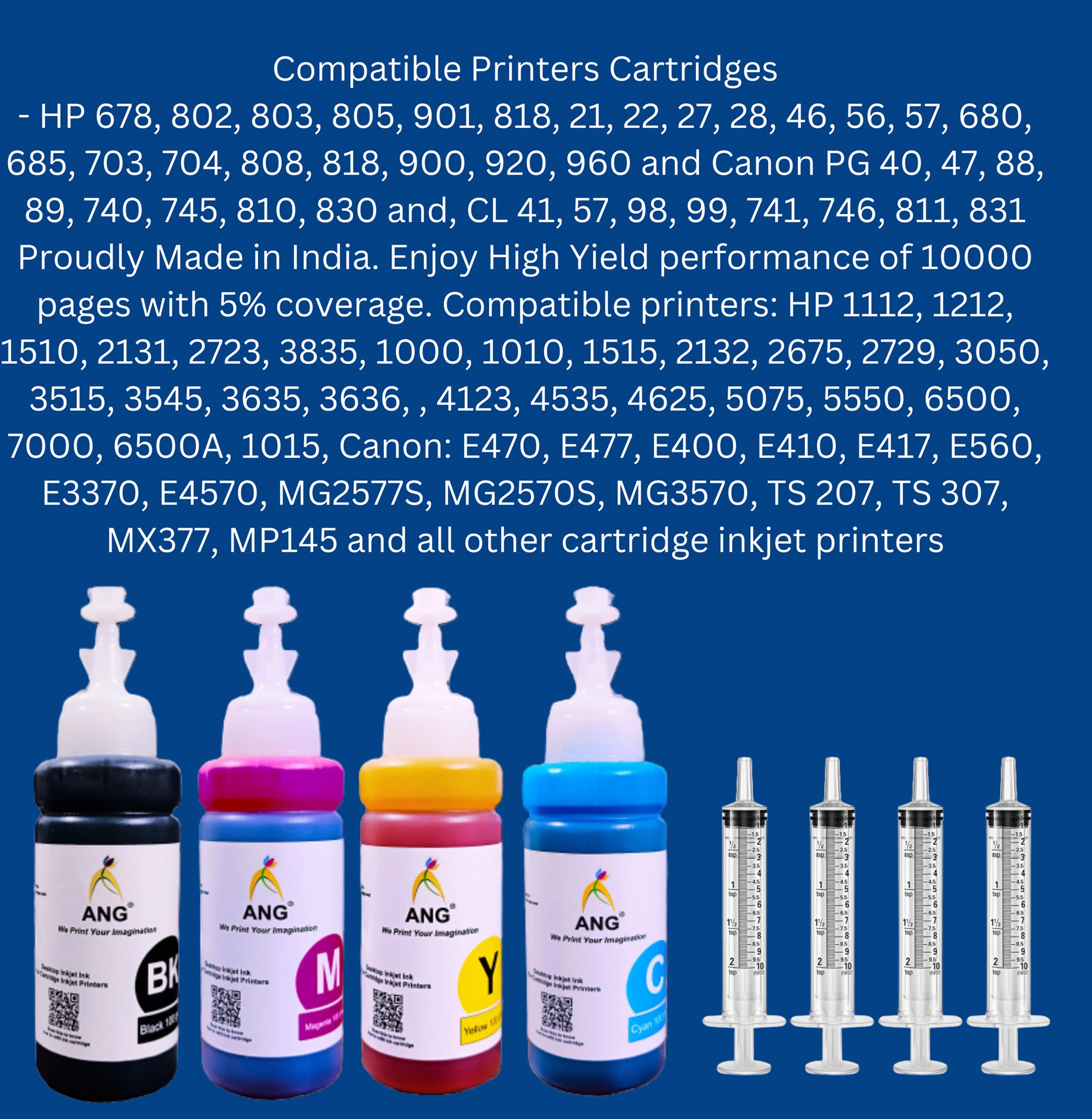 ANG Refill Ink for DeskJet 4178 All in One Printer for 682 Ink Cartridge 100 ML Each Bottle Multi Color with Syringe