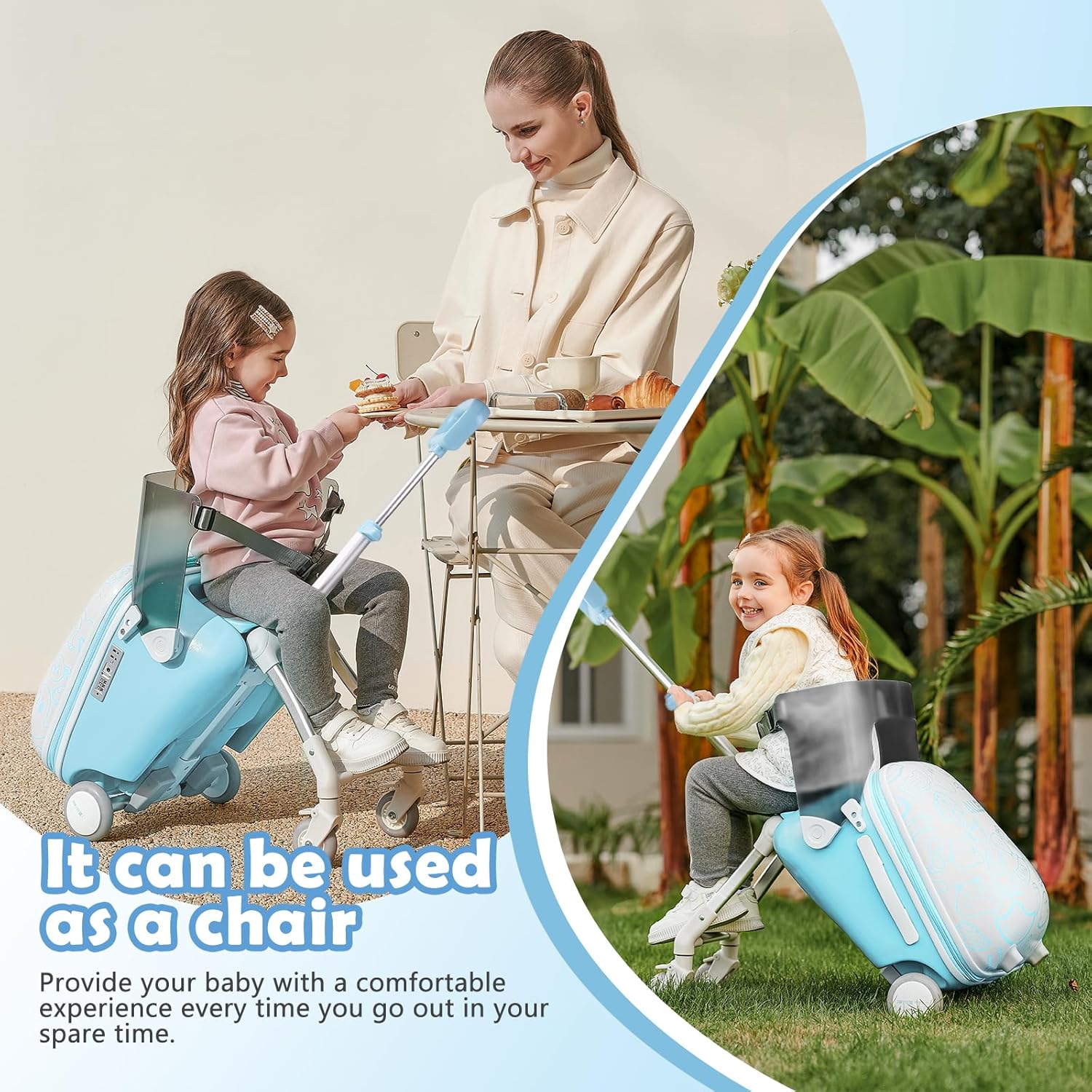 Kids Ride-on Luggage with Seat, 20 inch Carry On Suitcase, 2-in-1 Children's Luggage with Shockproof Silent Wheels and Guardrail for Airplane & Travels