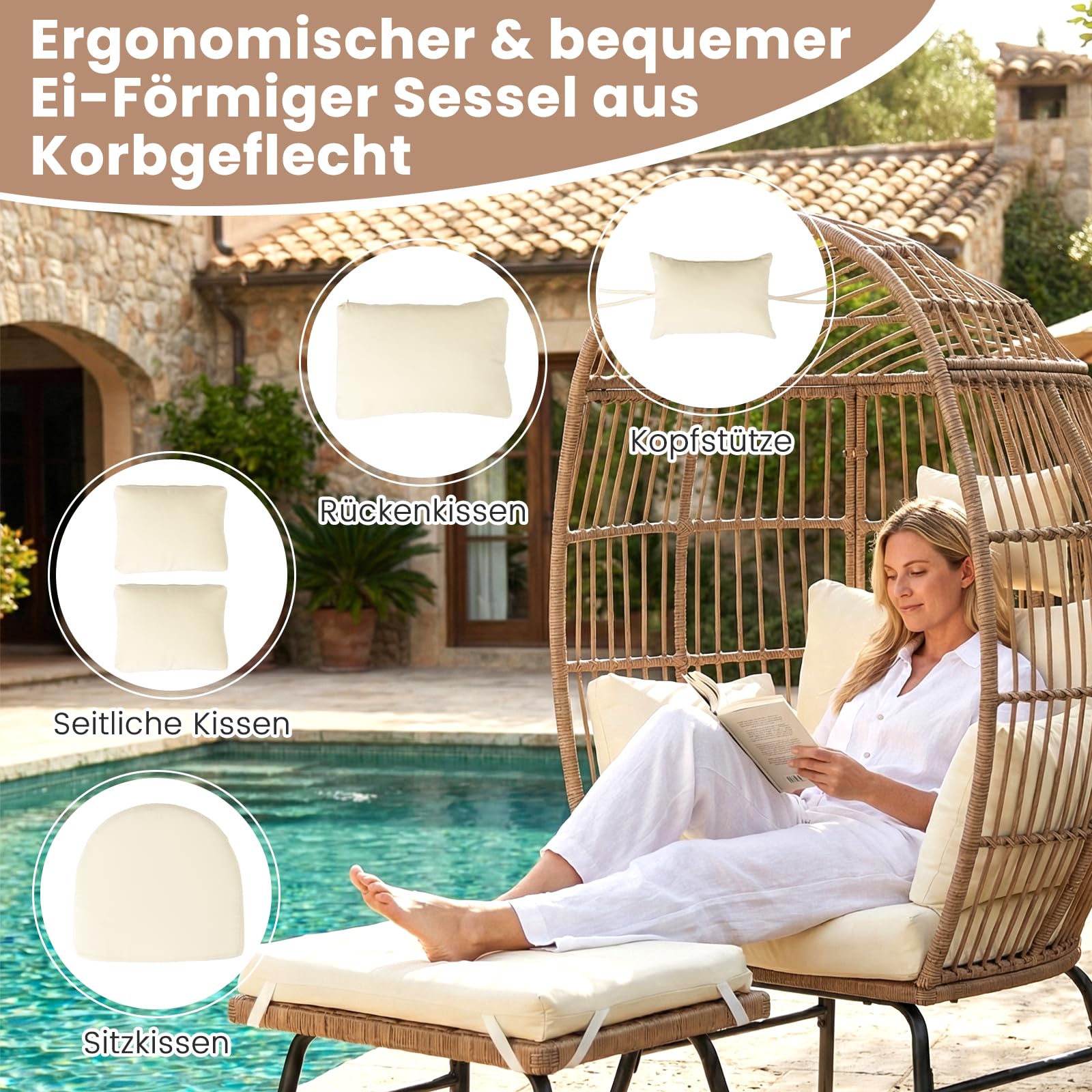 COSTWAY Korbsessel Rattan mit Hocker, Gartensessel mit Kissen und Metallgestell, Rattansessel, Loungesessel für Balkon, Garten, Wohnzimmer, Terrasse, Beige