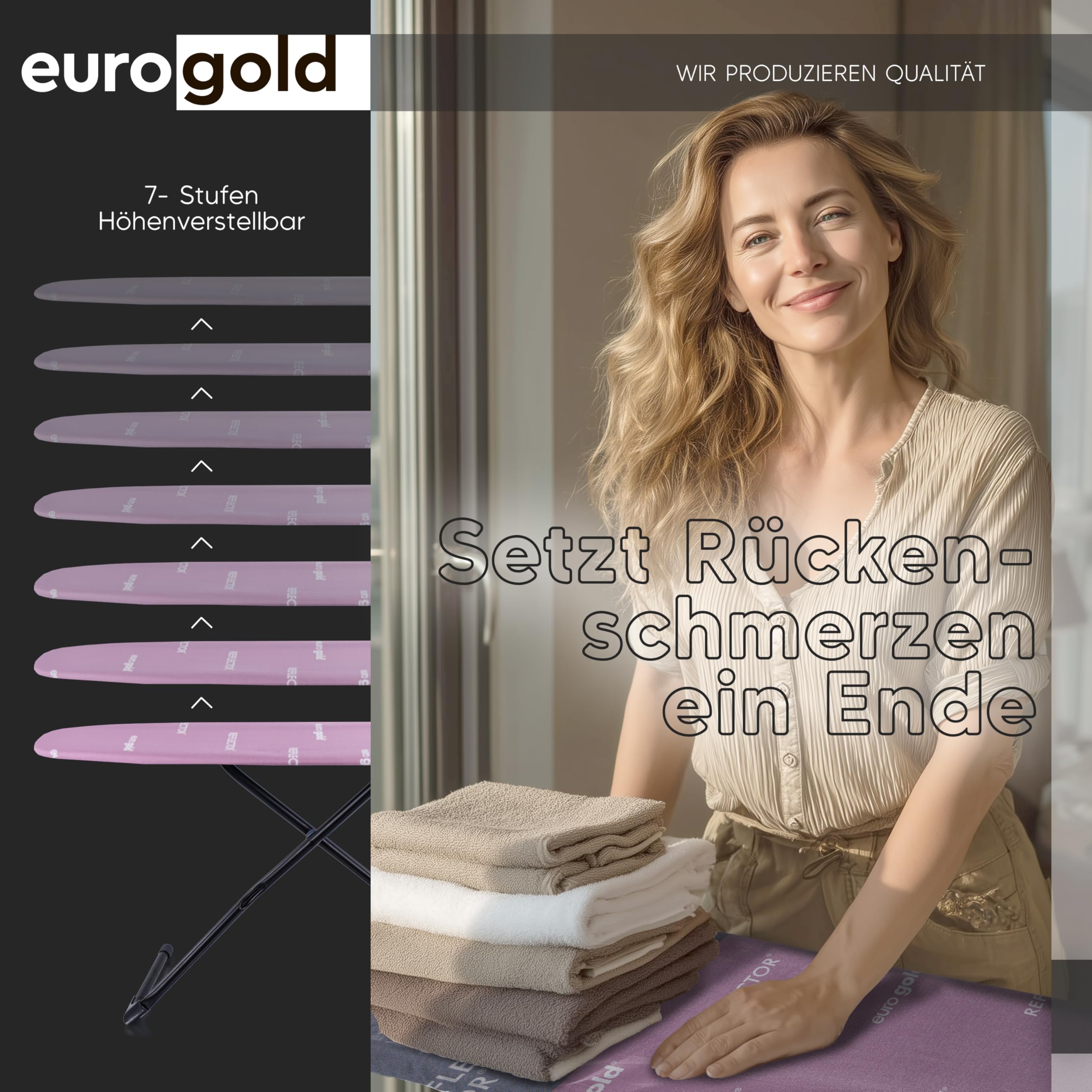 EUROGOLD Bügeltisch 120x42 cm – Großes Bügelbrett höhenverstellbar mit Reflektor-Bezug für effizientes Bügeln, TÜV-Zertifiziert, Made in Europe, Ironing Board (Paris Pink)