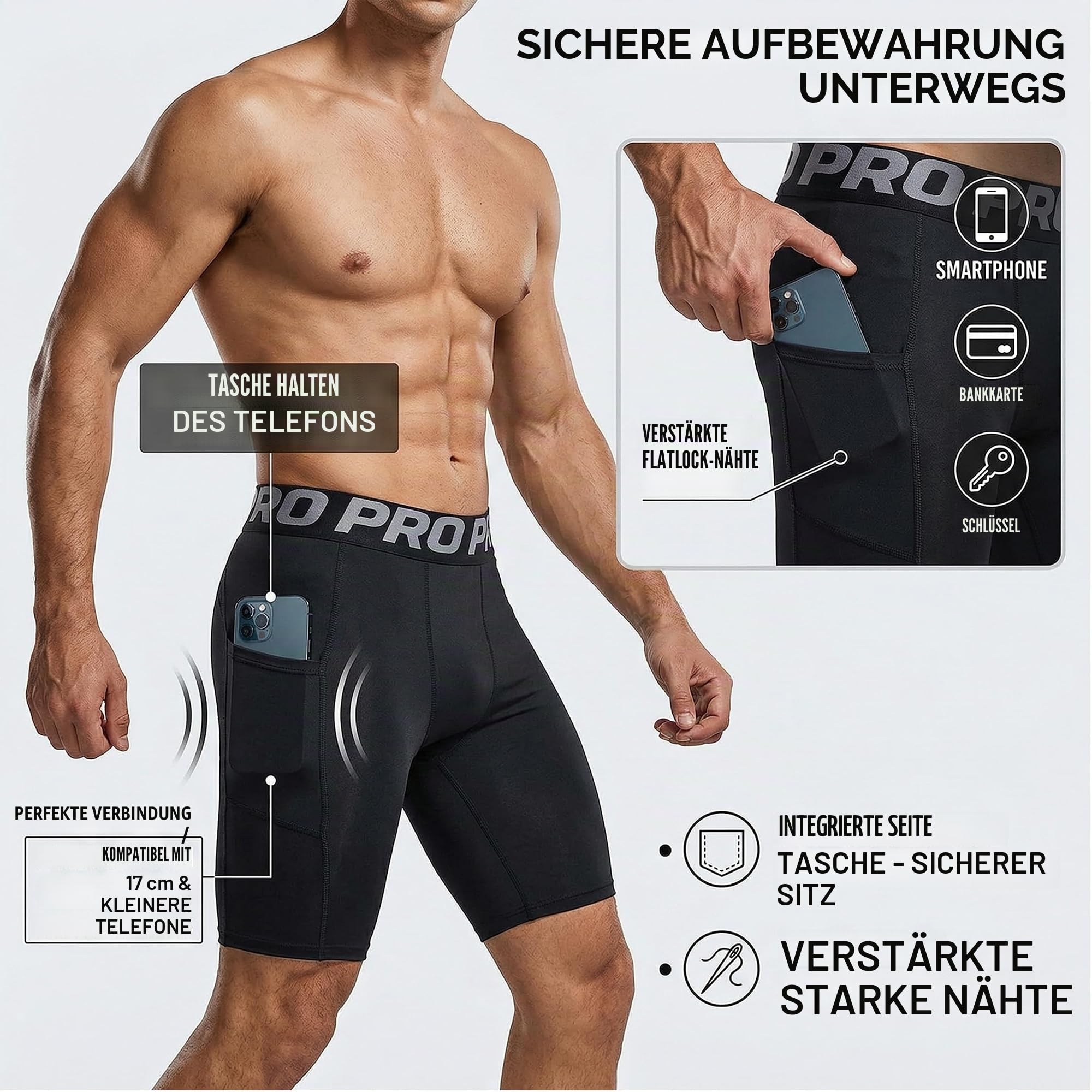 YUSHOW 1-3er Pack Kompressionsshorts Herren Kompressionshose Sporthose Kurz Schnell Trocknend Atmungsaktive Kurze Radlerhose Sommer Männer Laufhose Funktionsunterwäsche mit Taschen