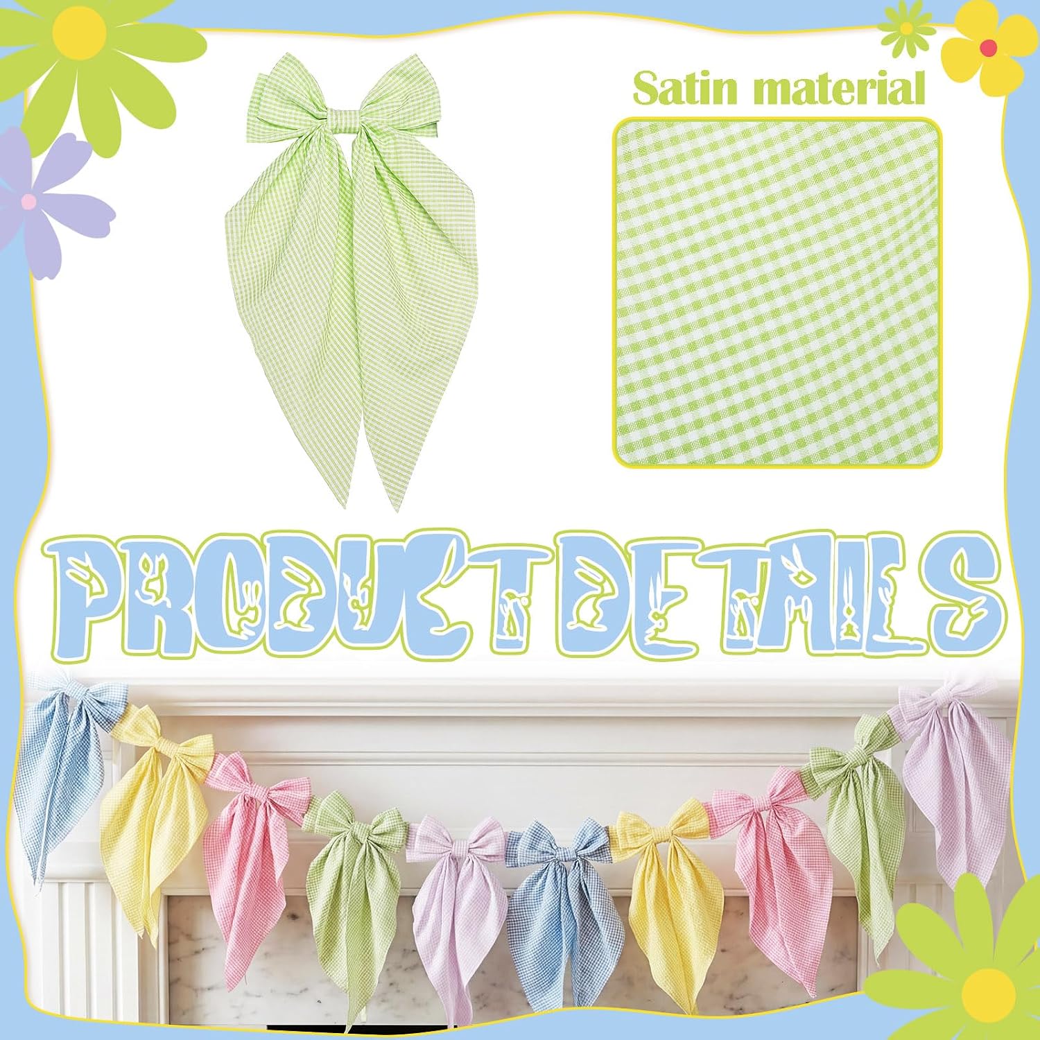 Newwiee Plaid Pastel Bow Garland Banner - Satin Ribbon Hanging Party Bow Garland Decor for Birthday, Baby Shower & Wedding