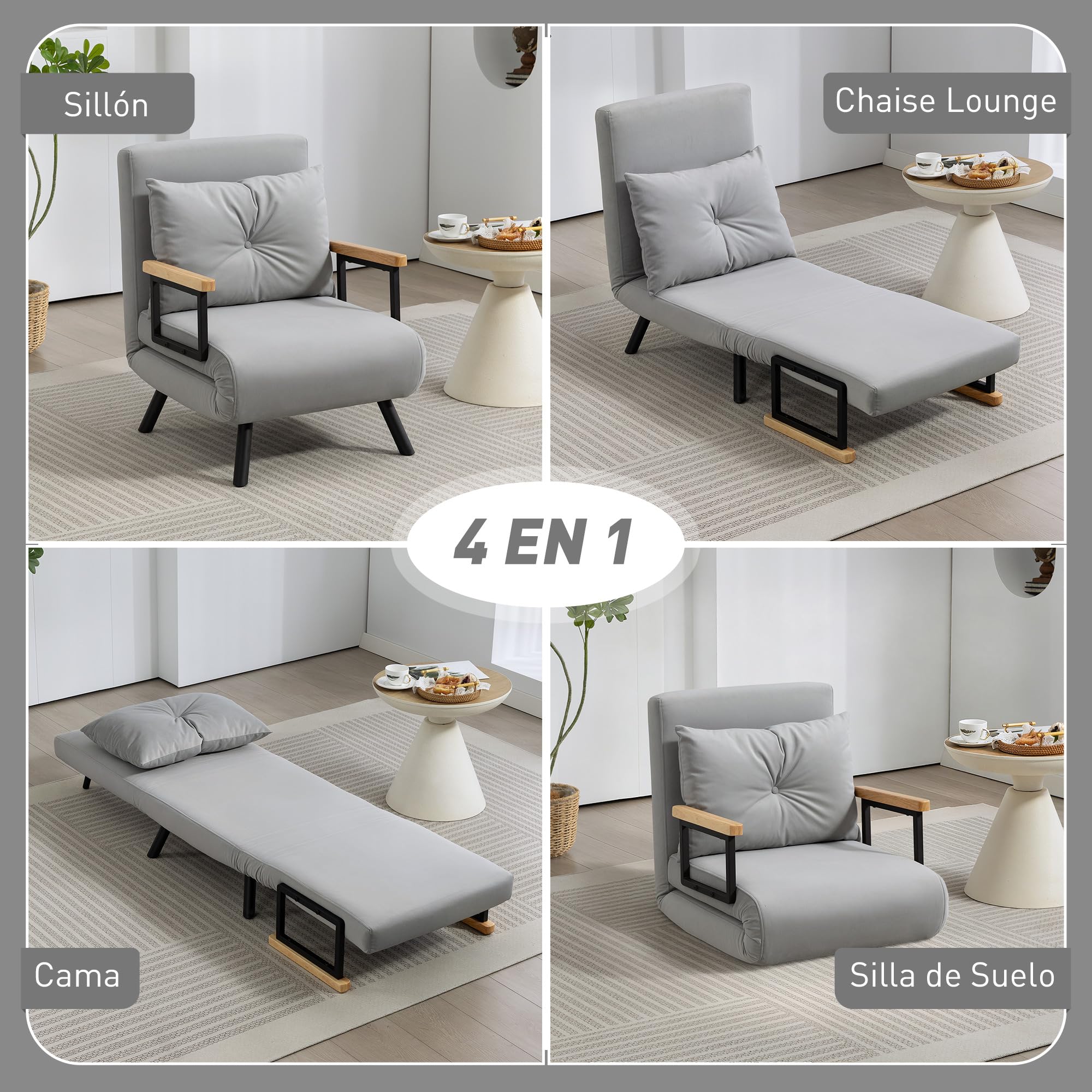 HOMCOM 1-Sitzer 4-in-1 Klapp-Sofa-Bett 63x73x81cm Hellgrau