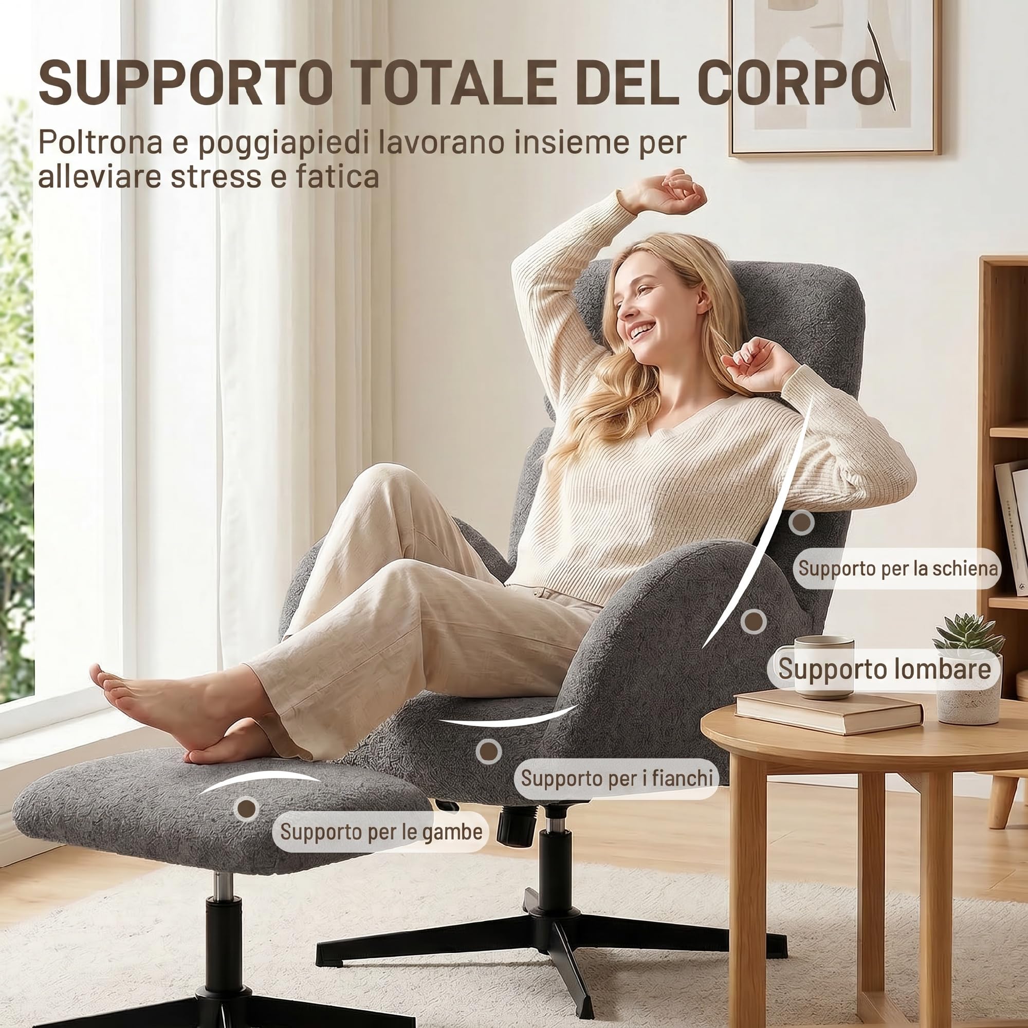 HOMCOM Poltrona Relax Girevole con Poggiapiedi in Velluto Texture a Goccia Morbido, Poggiatesta e Altezza Regolabile, Schienale Largo, Poltrocina Camera da Letto, Funzione Dondolo, Braccioli, Grigio