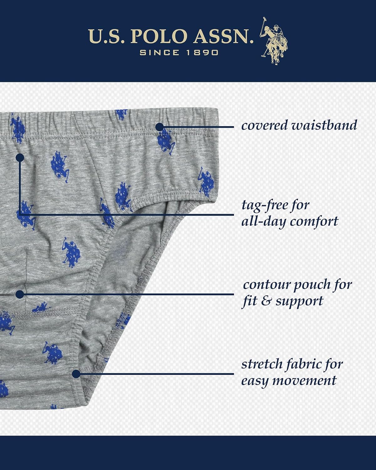 U.S. Polo Assn. Mens Underwear Briefs - 6 Pack Cotton Tag Free Low Rise Briefs Underwear for Men Pack with Contour Pouch - Image 2