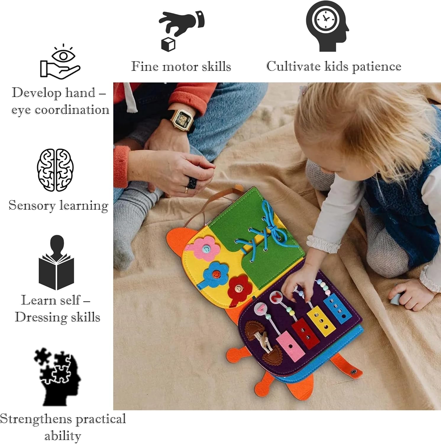 Giraffe Quiet Activity Book, 8 basic skills. Busy book for toddlers, Sensory Toy for Toddlers. Developing Motor, Cognitive, and Sensory Skills. Giraffe backpack. Zipper button toy for toddler