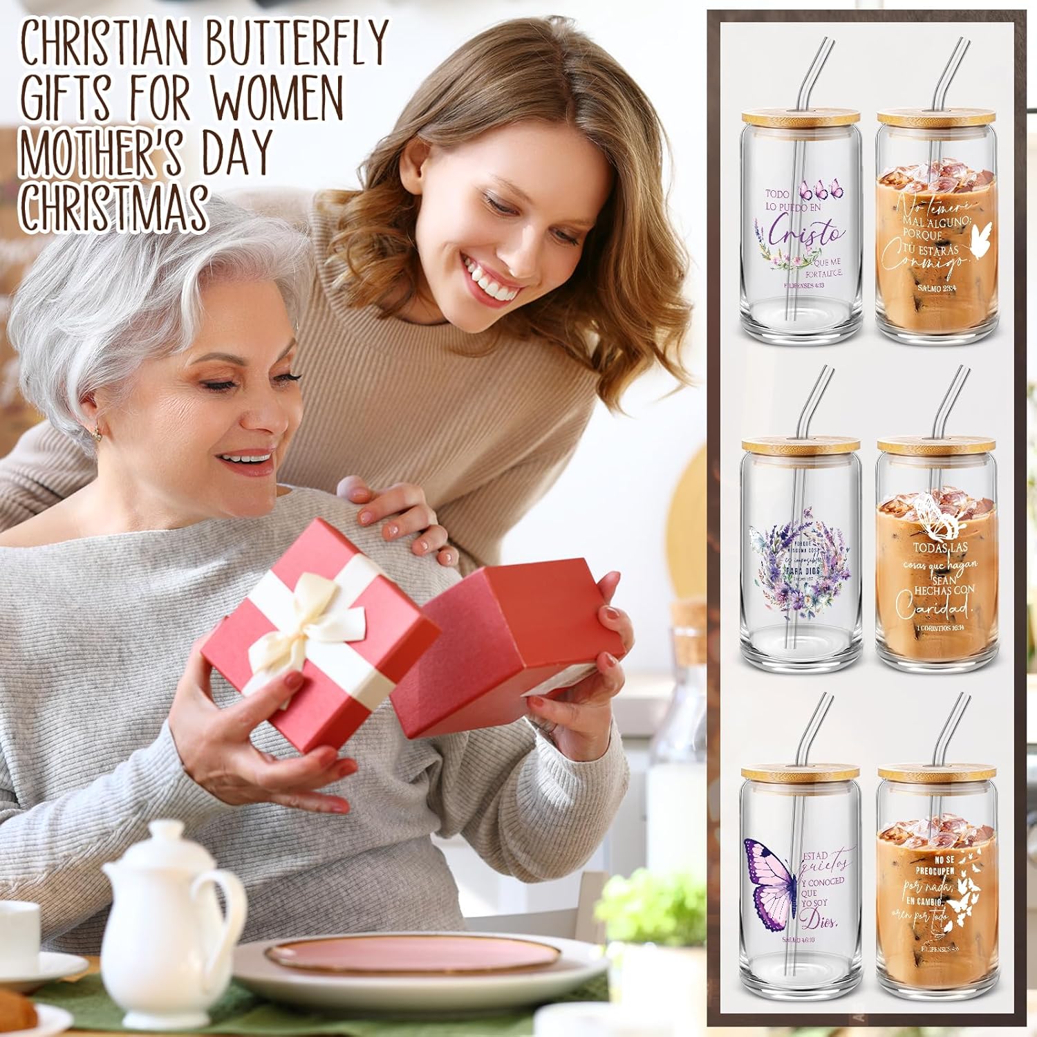 Mifoci 6 Pcs Spanish Butterfly Christian Cups Bulk for Women 16oz Mother's Day Church Coffee Cups with Lid and Straw Religious Bible Verse Mugs for Mom Nurses Teachers Regalos Cristianos En Español