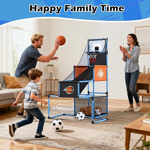 Miniatura 5 de Juego de baloncesto 2 en 1 y portería de fútbol para niños, aro de baloncesto ajustable con 6 bolas y bomba, juegos para interiores y exteriores,