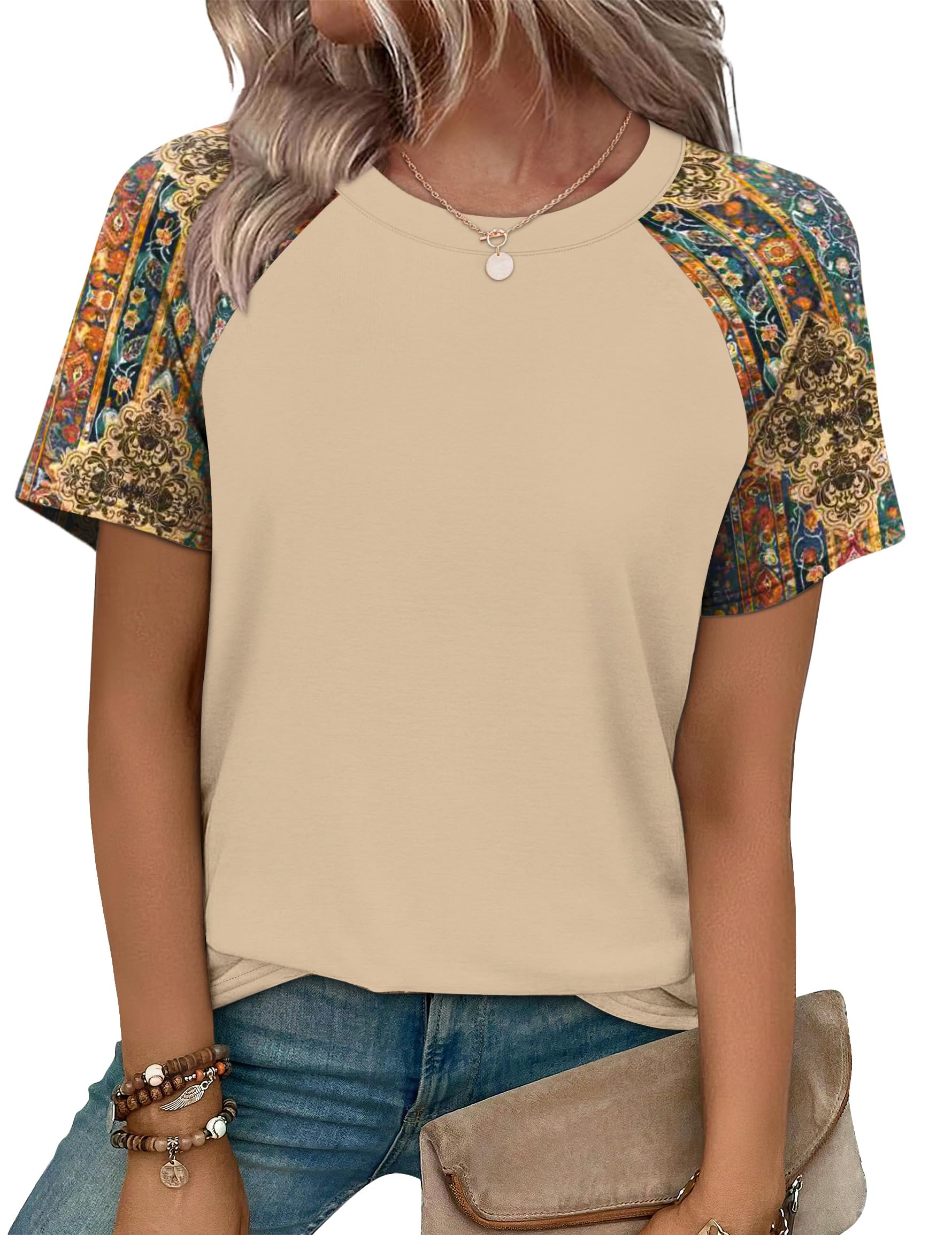 WIHOLL Summer Tops for Women 2026 Trendy Short Sleeve Shirts Crew Neck Tops Curved Hem Fashion Clothing