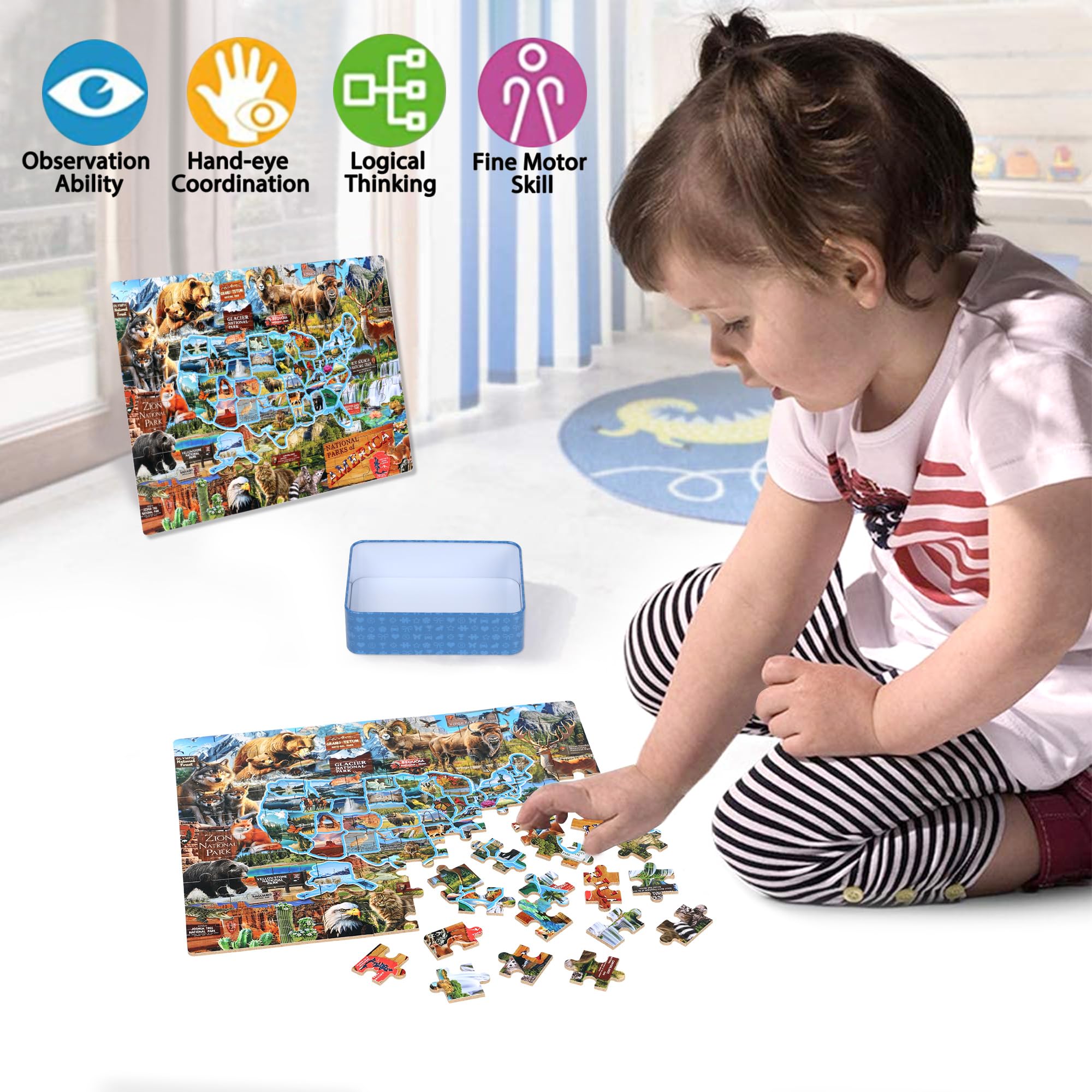 LELEMON Puzzle pour enfants de 4 à 6 ans, carte des parcs nationaux, puzzles de 100 pièces pour enfants de 4 à 8 ans dans une boîte en métal, puzzles éducatifs de 100 pièces, puzzles pour