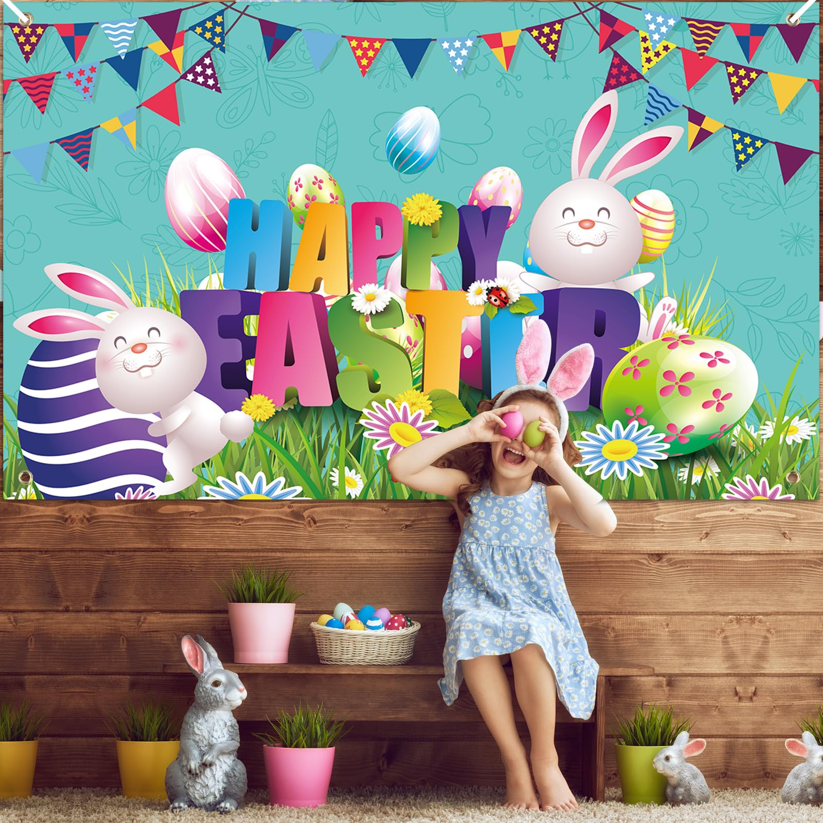 Striscione Buona Pasqua 180x110 Cm – Decorazione Con Uova, Coniglietto E Fiori, Sfondo Per Foto E Addobbi Per Feste In Interni Ed Esterni